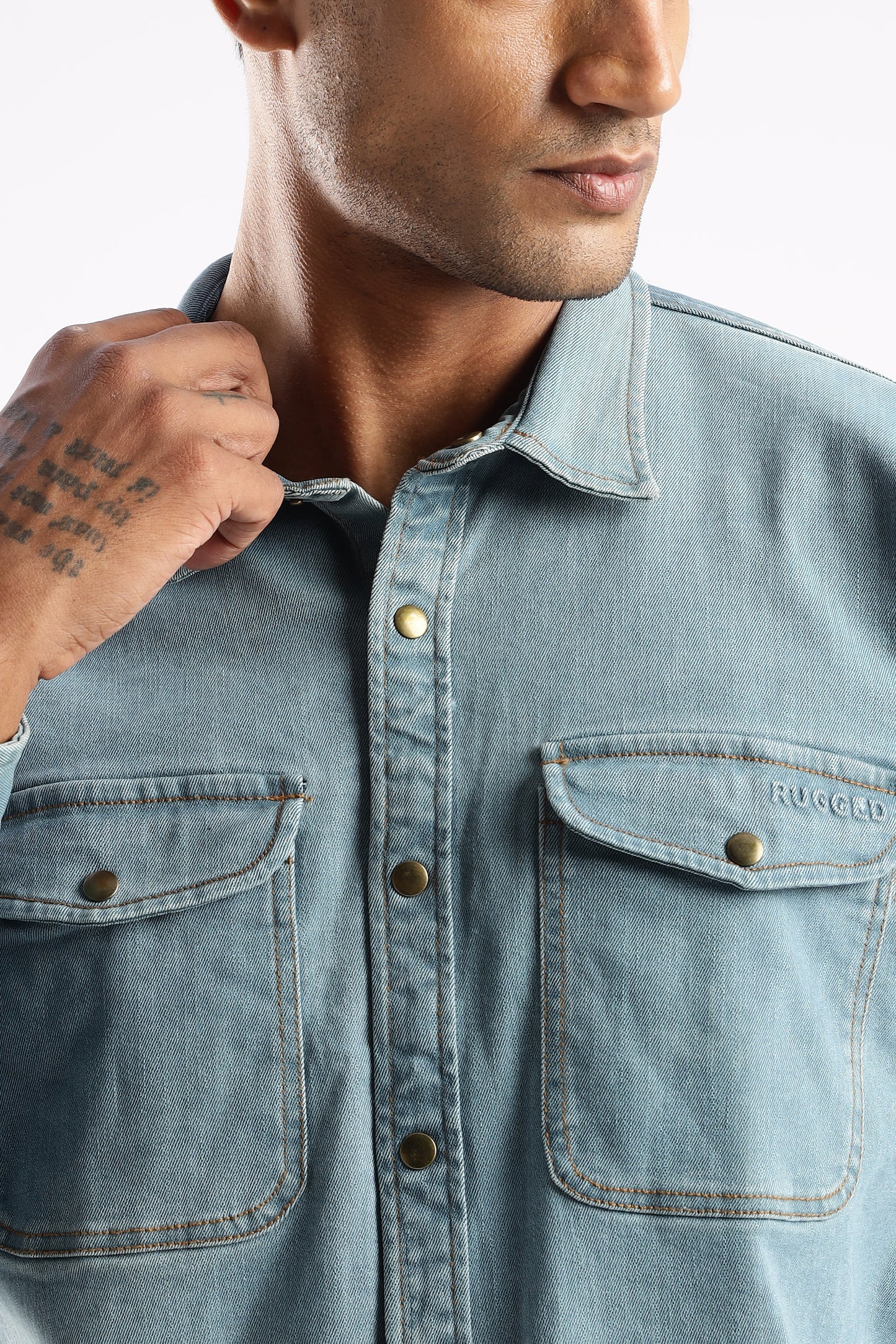 RUGGED Premium Denim Shirt in Skybound Indigo styled for casual and outdoor wear
