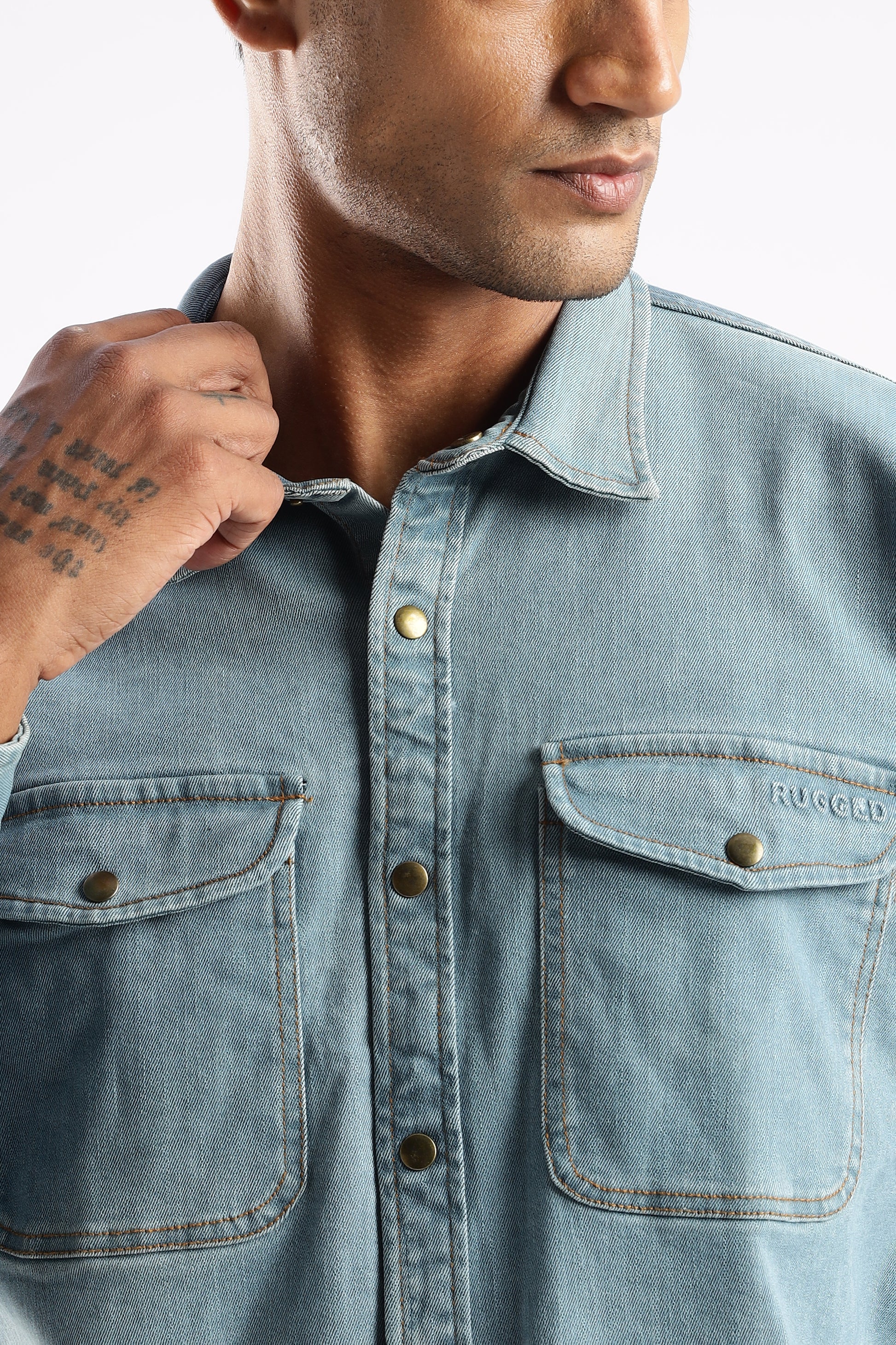 RUGGED Premium Denim Shirt in Skybound Indigo styled for casual and outdoor wear