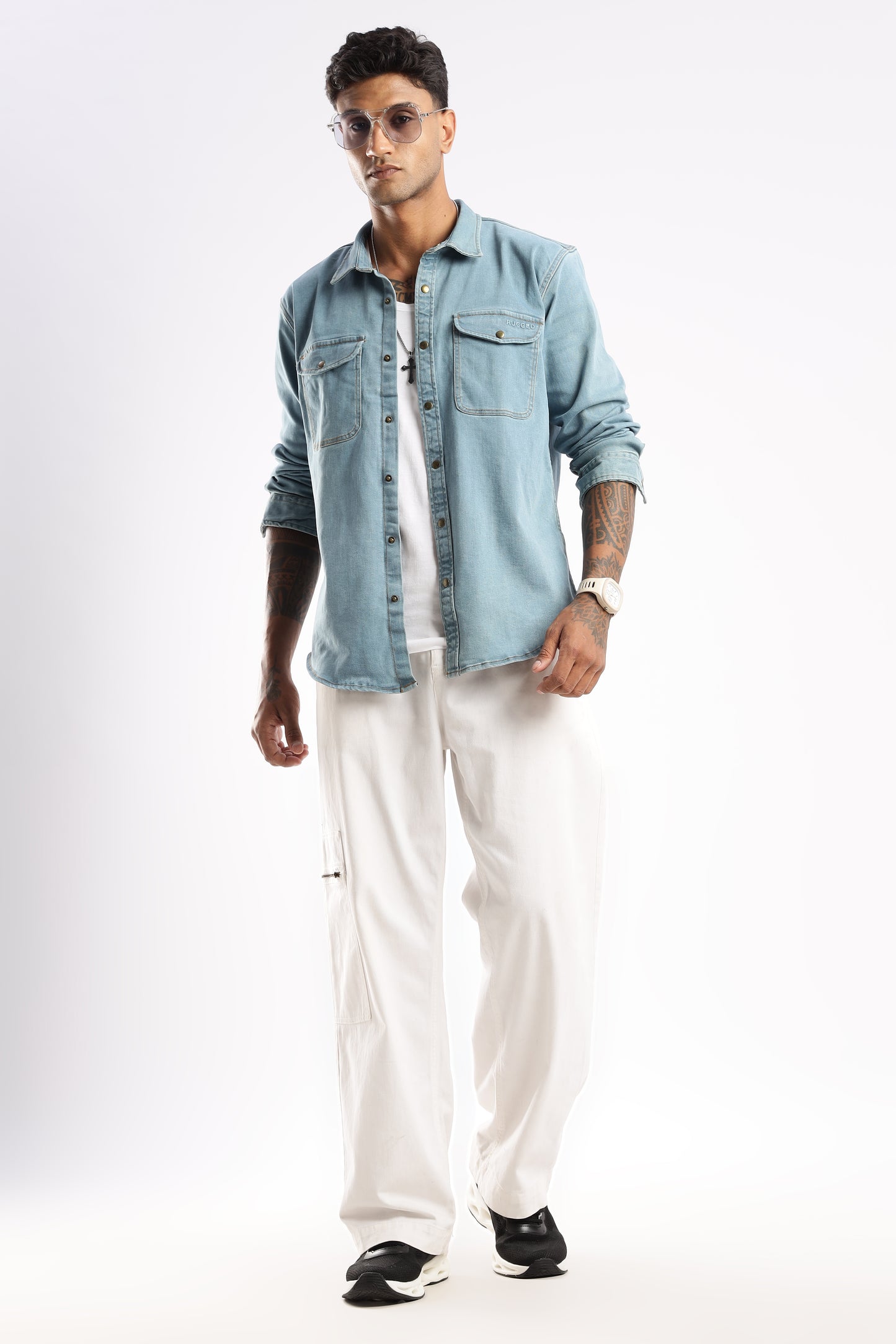 Casual outfit featuring Skybound Indigo denim shirt layered over a t-shirt