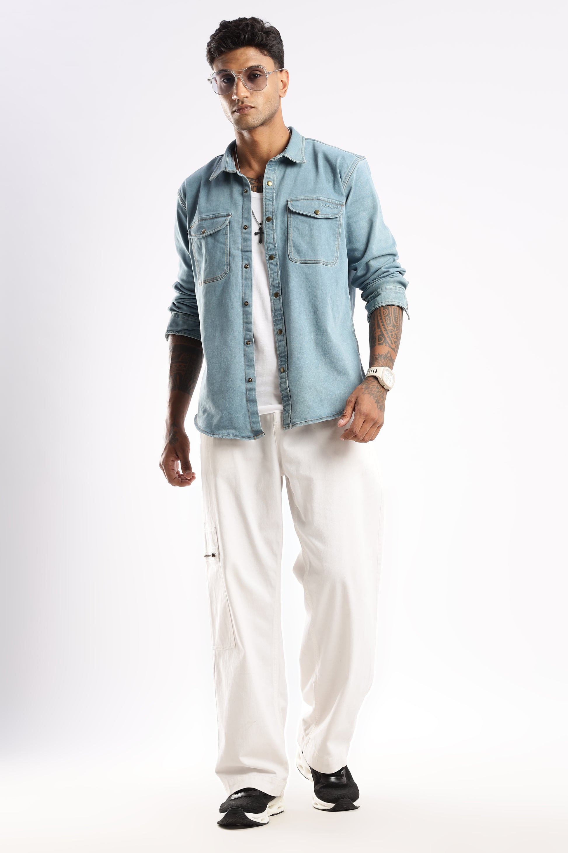 Casual outfit featuring Skybound Indigo denim shirt layered over a t-shirt