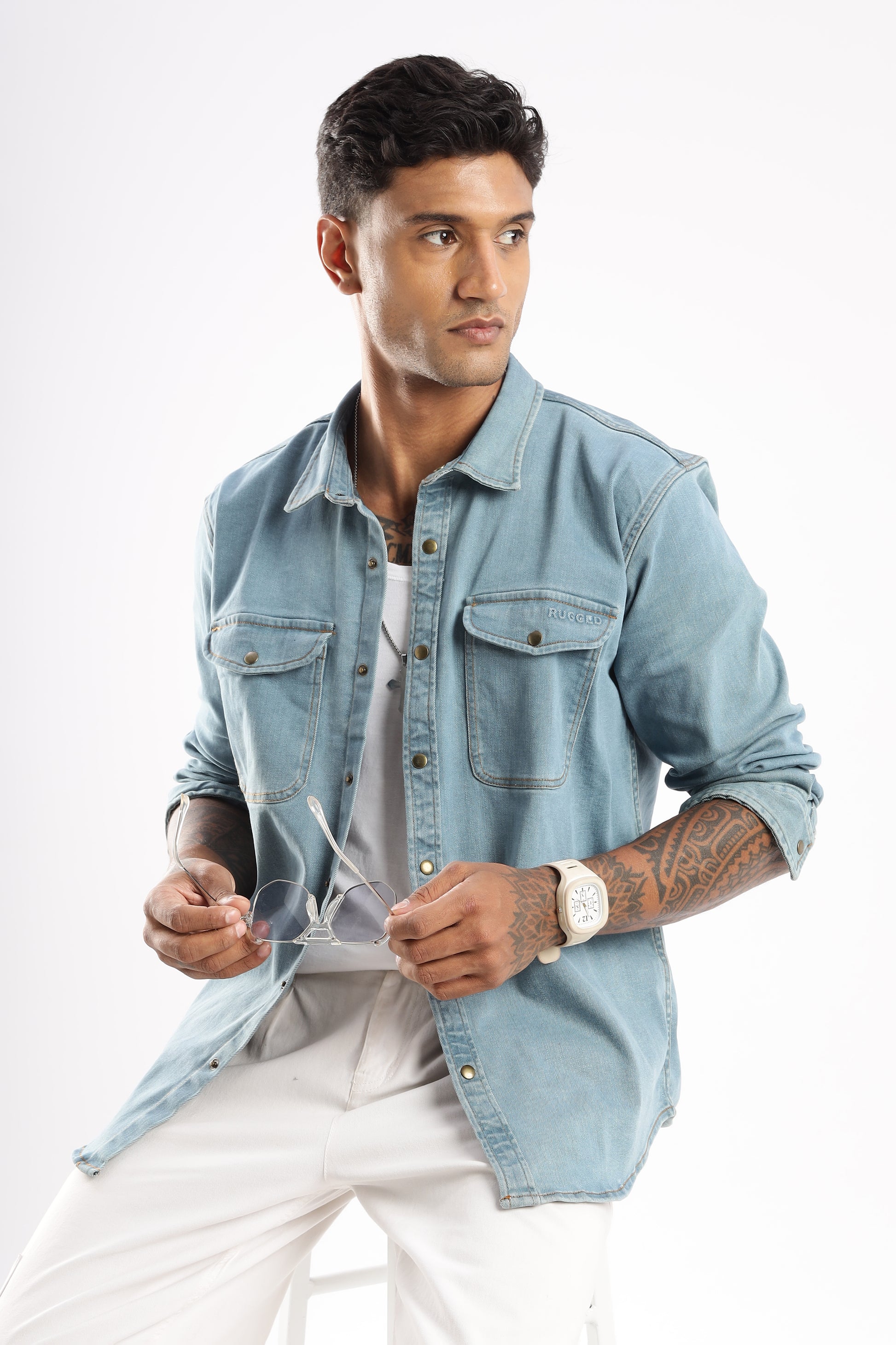 RUGGED Skybound Indigo denim shirt combining rugged design with modern tailoring
