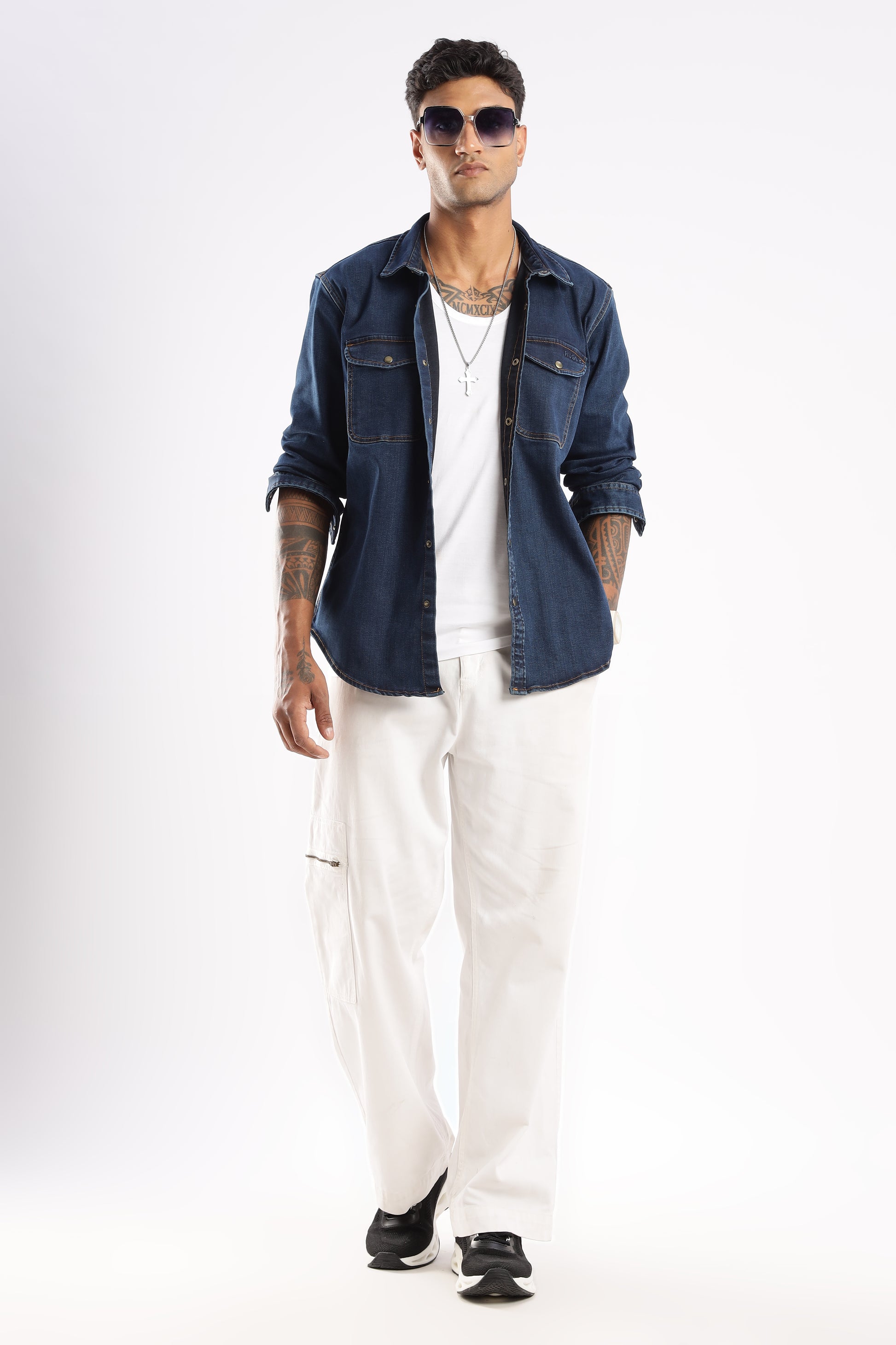 Back view of Midnight Forge denim shirt showcasing structured yoke and fitted cut