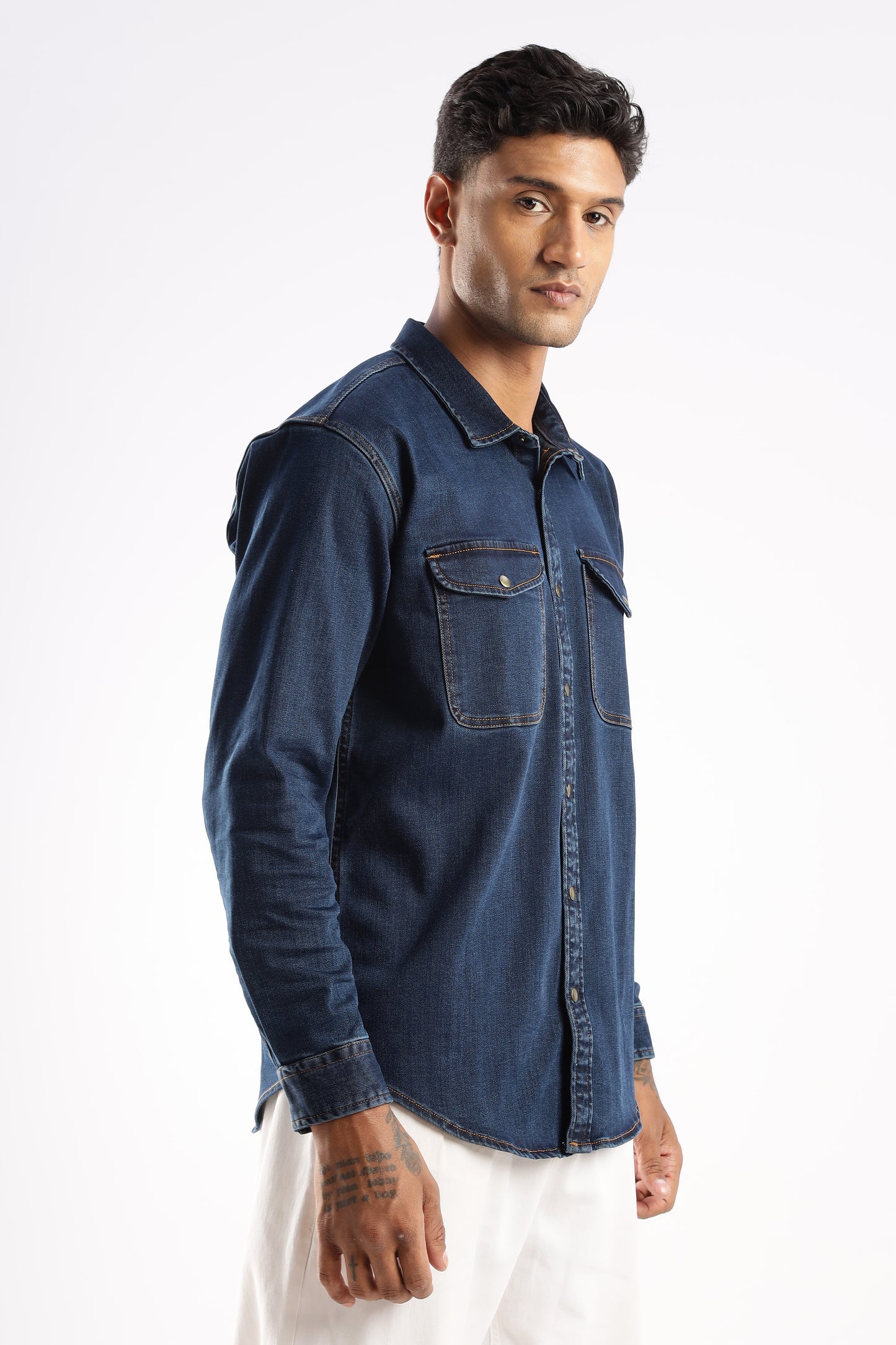 RUGGED Premium Denim Shirt in Midnight Forge styled for rugged outdoor and urban wear
