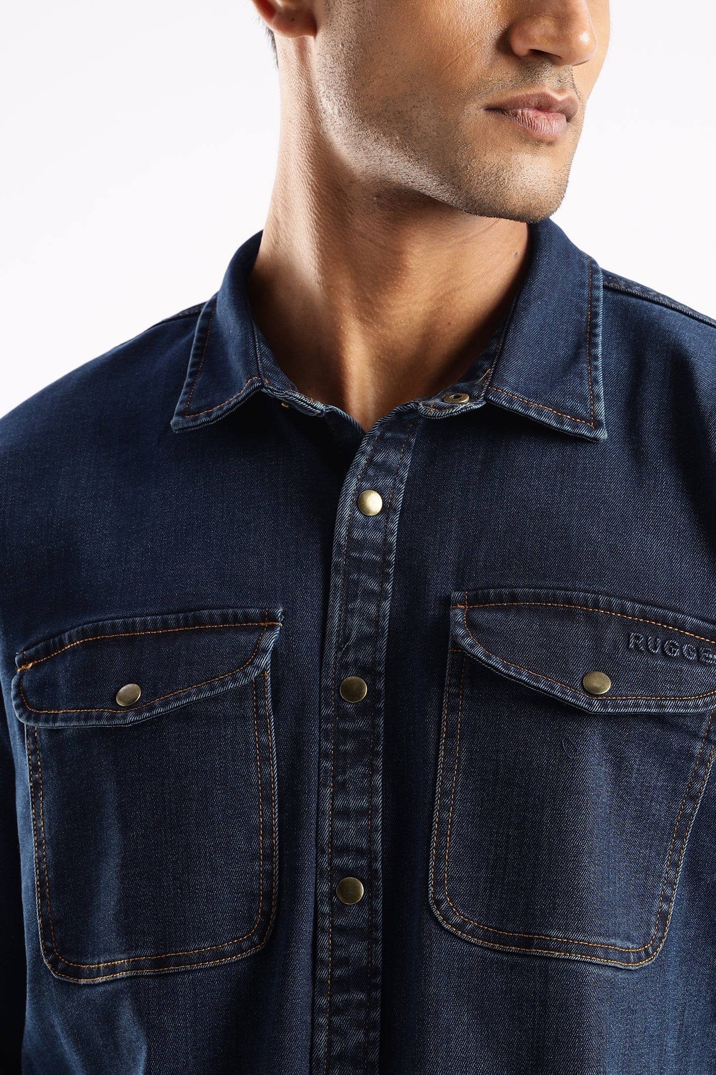 Heavy-duty dark blue denim shirt in Midnight Forge designed for durability and comfort