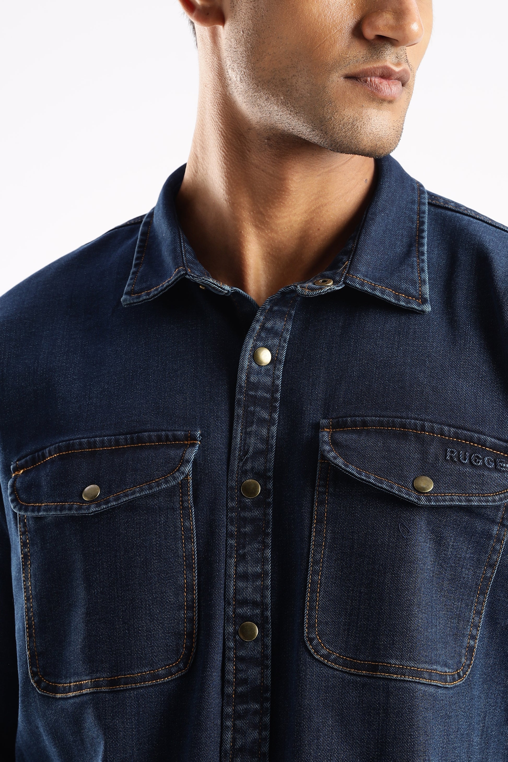 Heavy-duty dark blue denim shirt in Midnight Forge designed for durability and comfort