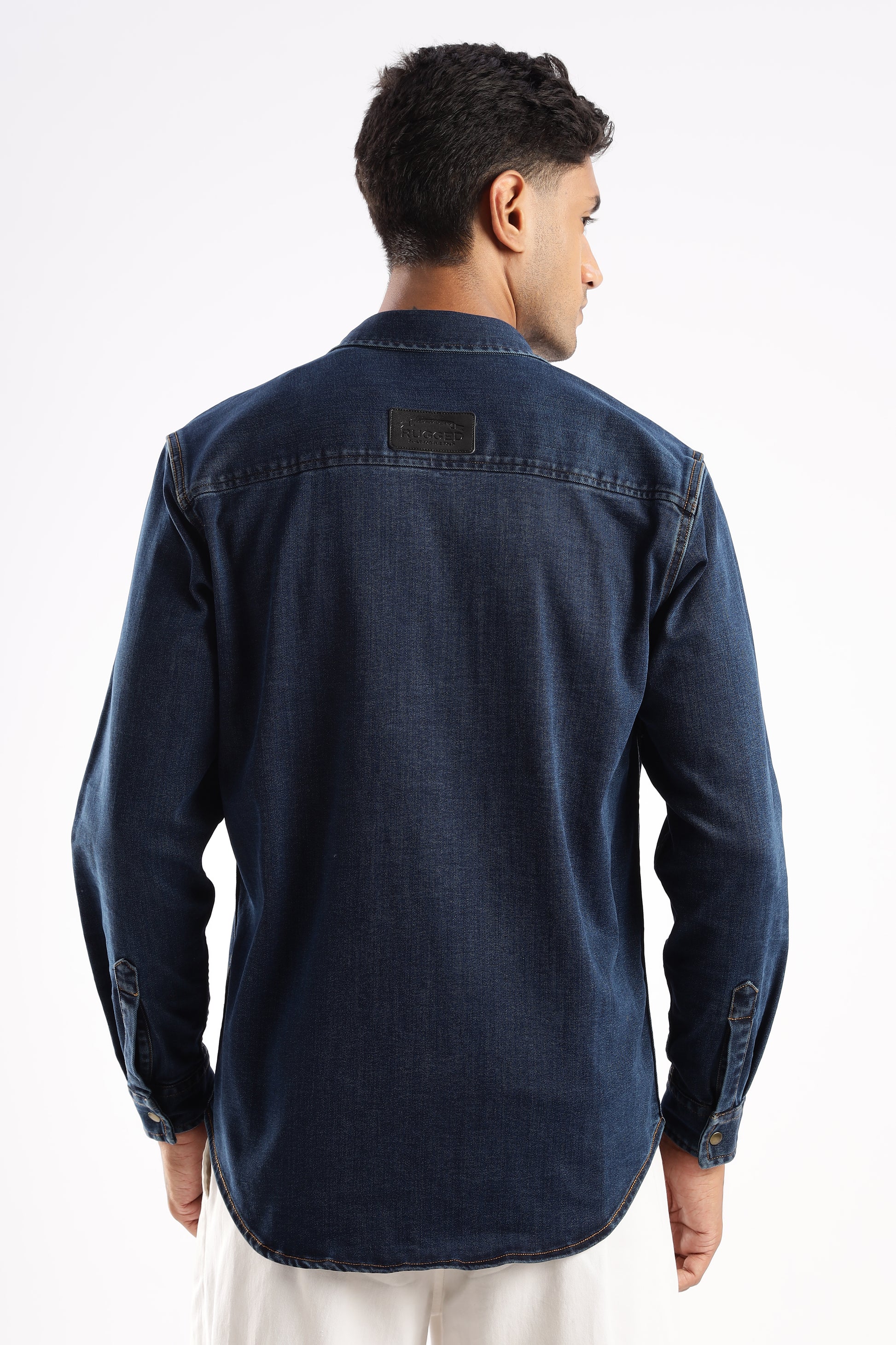 Midnight Forge dark blue denim shirt made from heavy-duty 9 oz fabric with tailored fit


