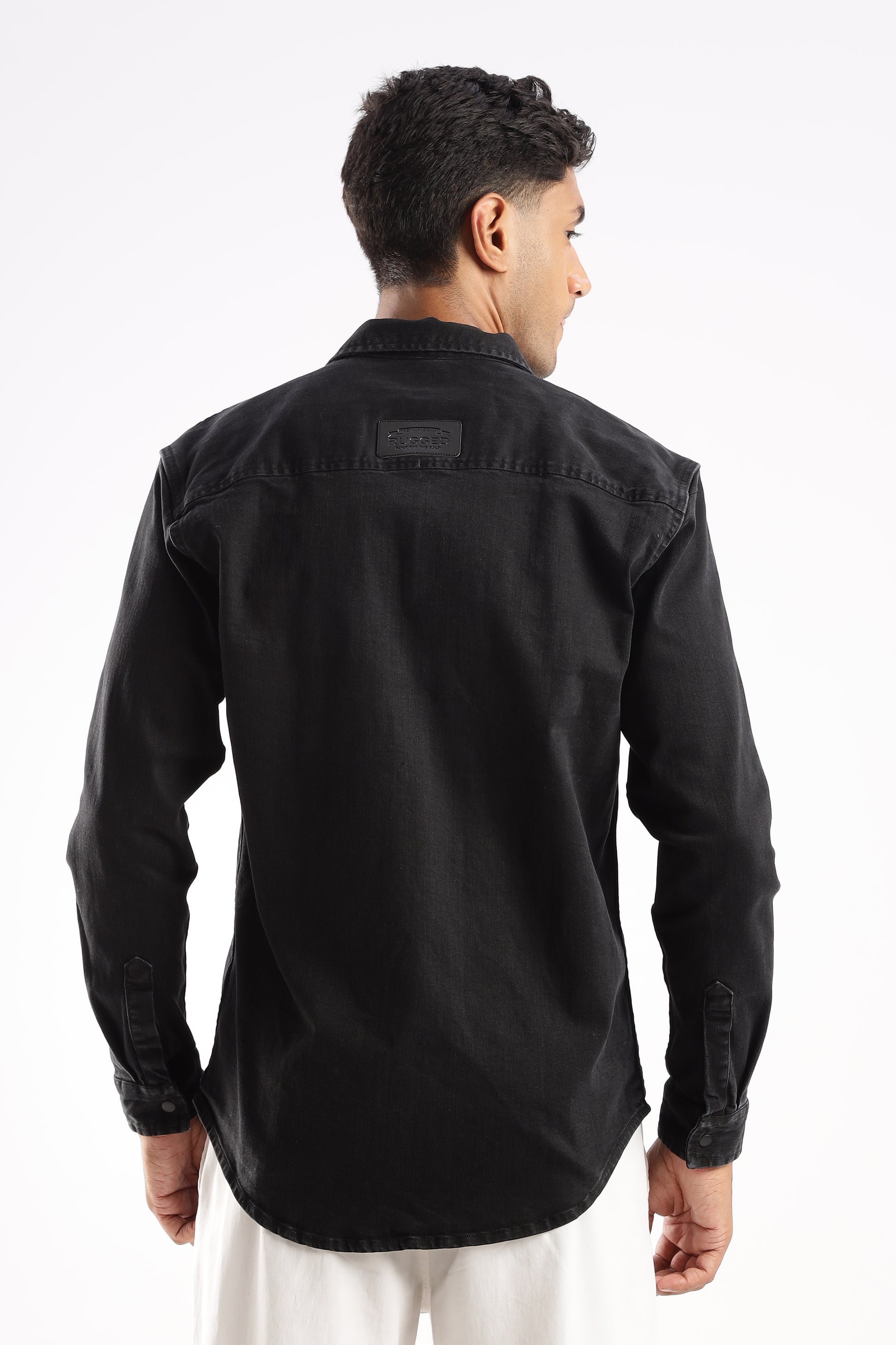 Obsidian Edge black denim shirt made from 9 oz heavy-duty fabric with raw finish
