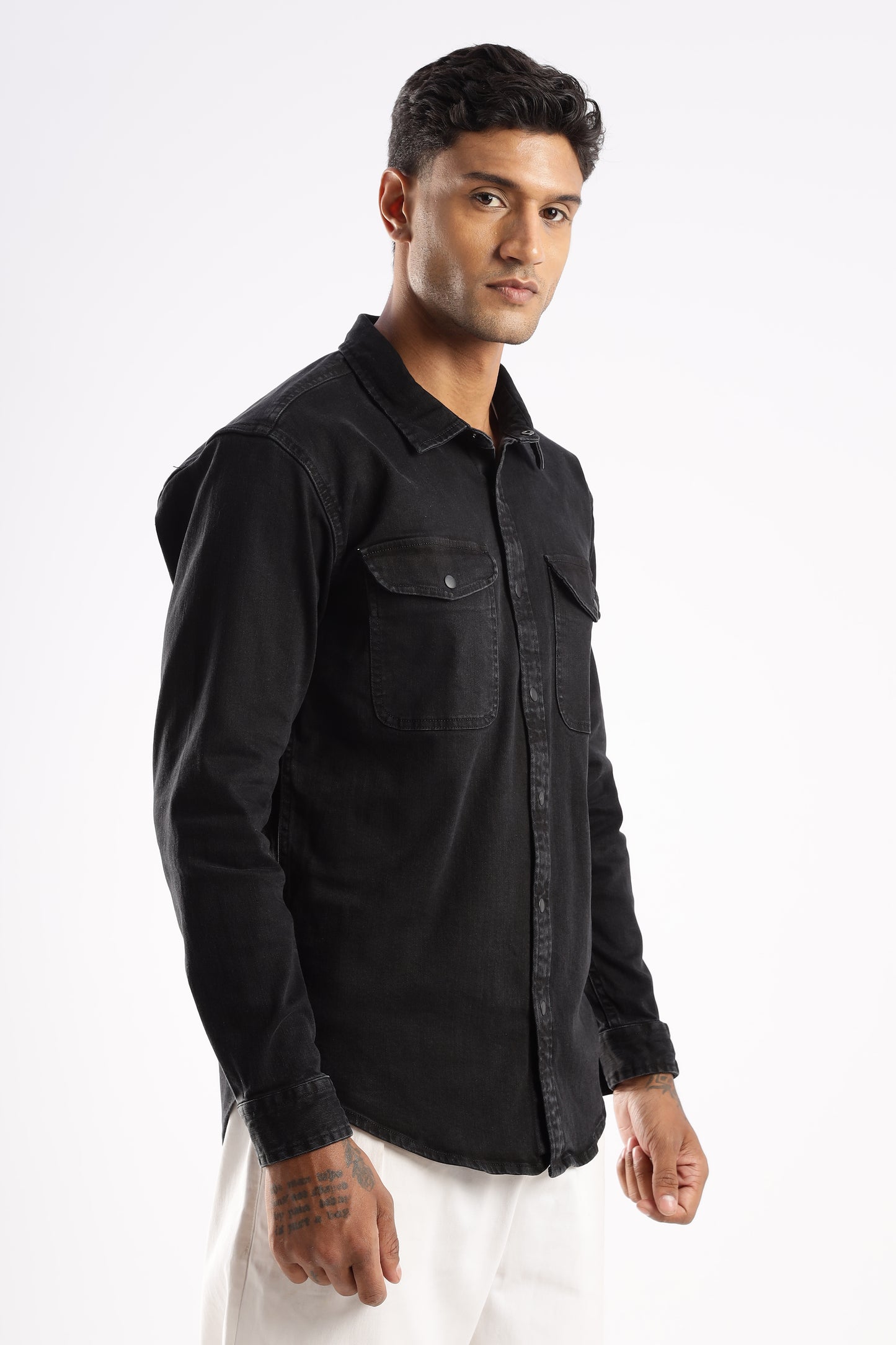 Men’s black denim shirt with tailored fit and utility chest pockets in Obsidian Edge