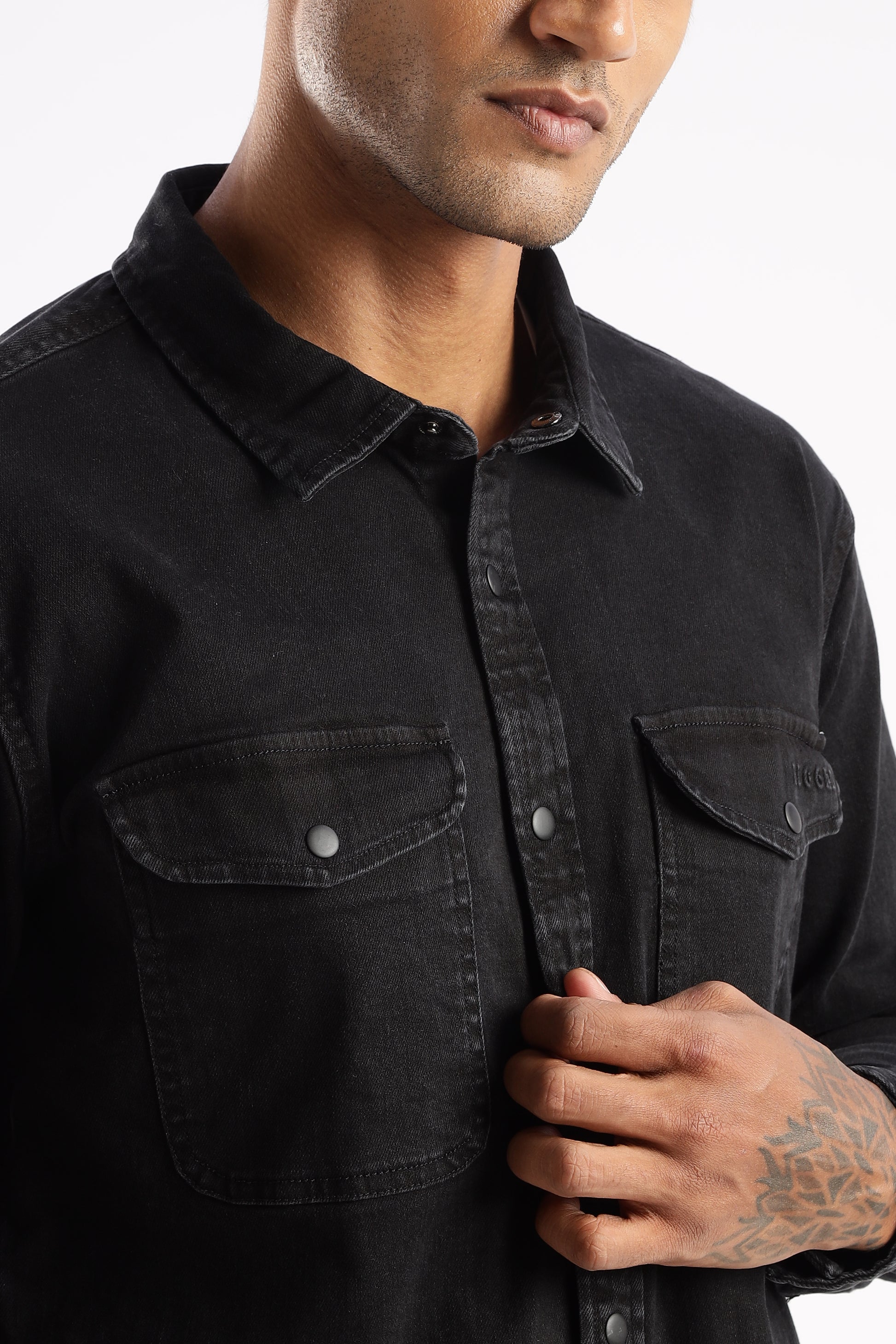 Obsidian Edge denim shirt paired with jeans for a monochrome rugged street look