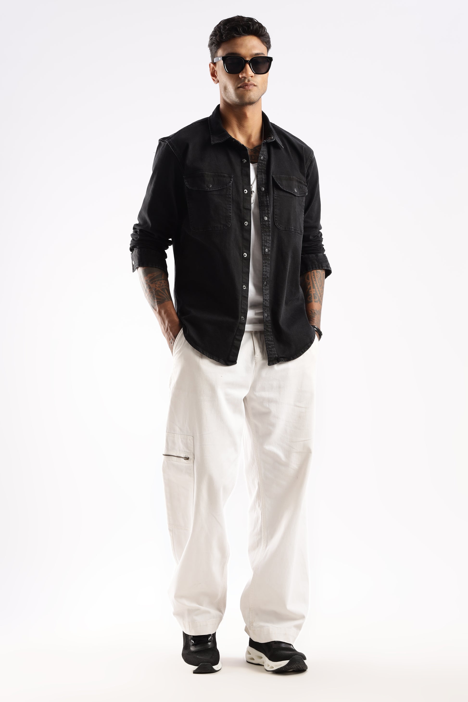 Flat lay of Premium Denim Shirt in Obsidian Edge with visible button placket and collar