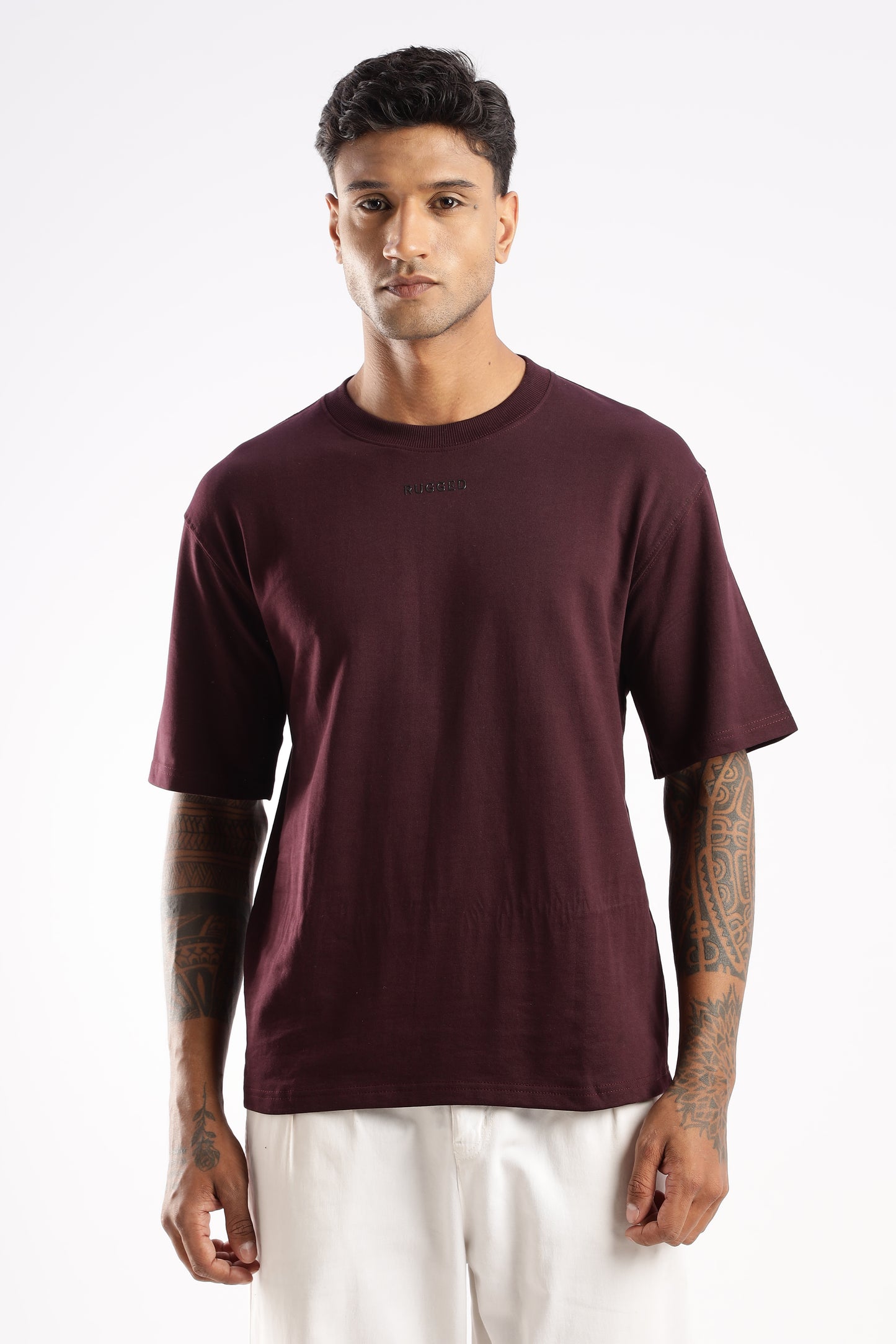 Model wearing Elegant Crew Tee in Crimson Peak with classic crew neck and tapered fit