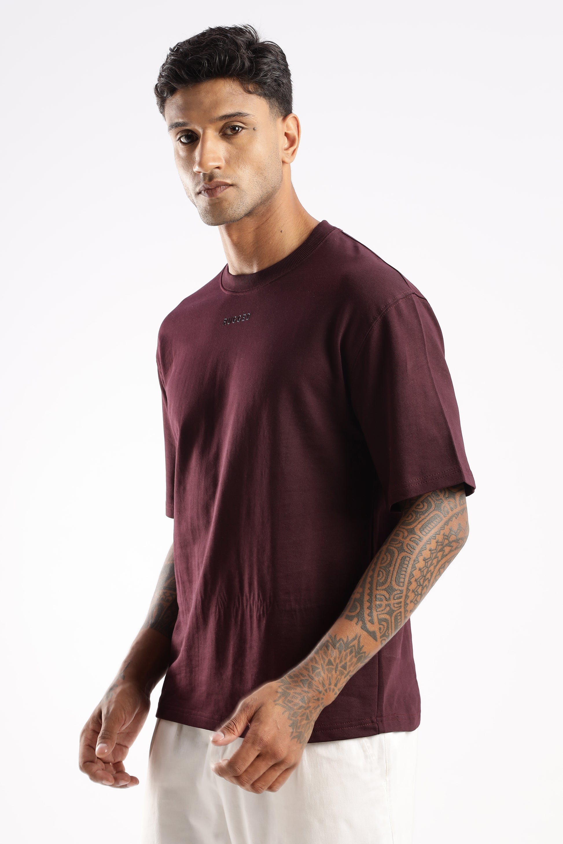 RUGGED Elegant Crew Tee in Crimson Peak styled for bold everyday wear