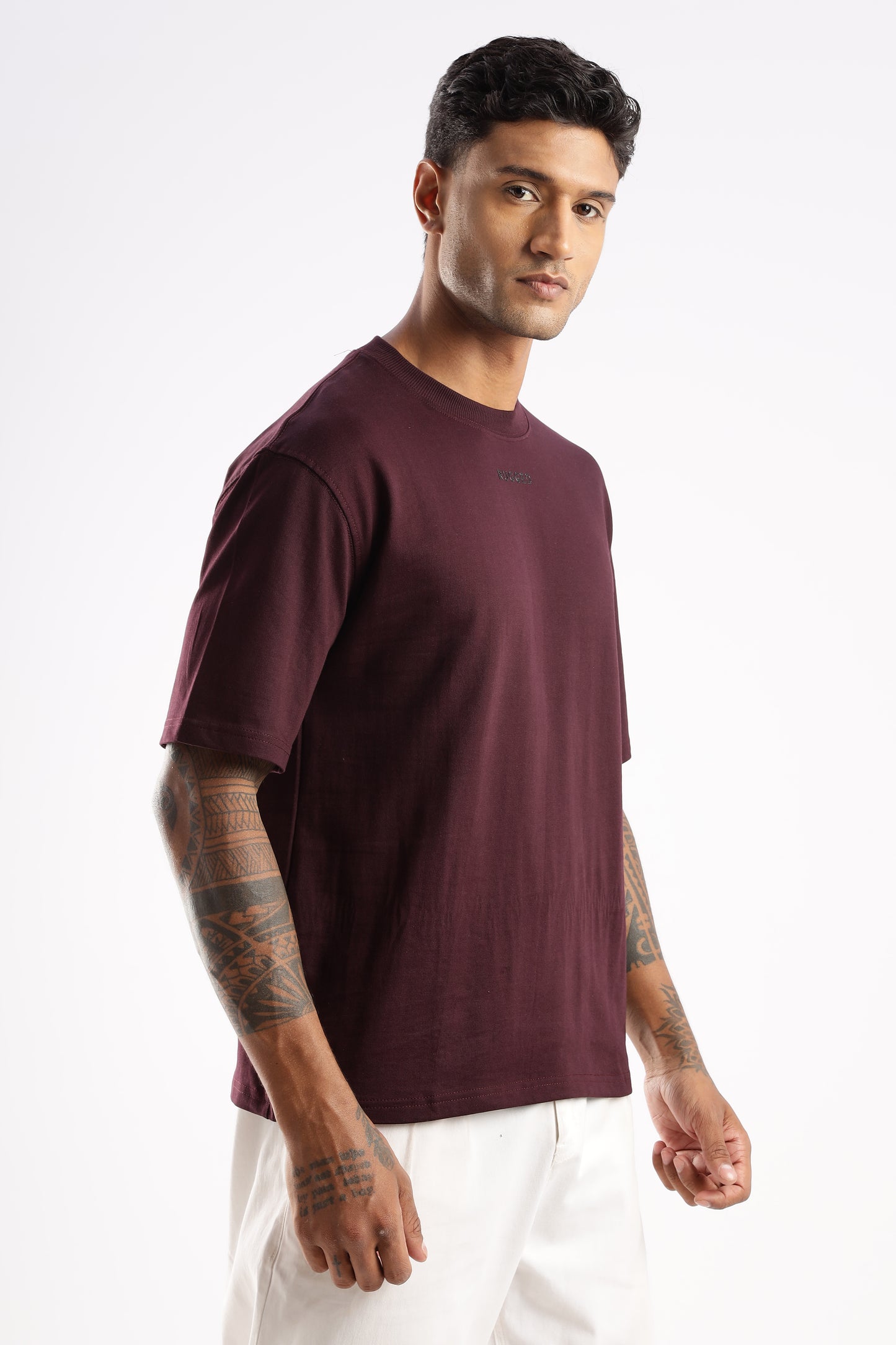 Close-up of Crimson Peak t-shirt showing bio-washed fabric and fine stitching