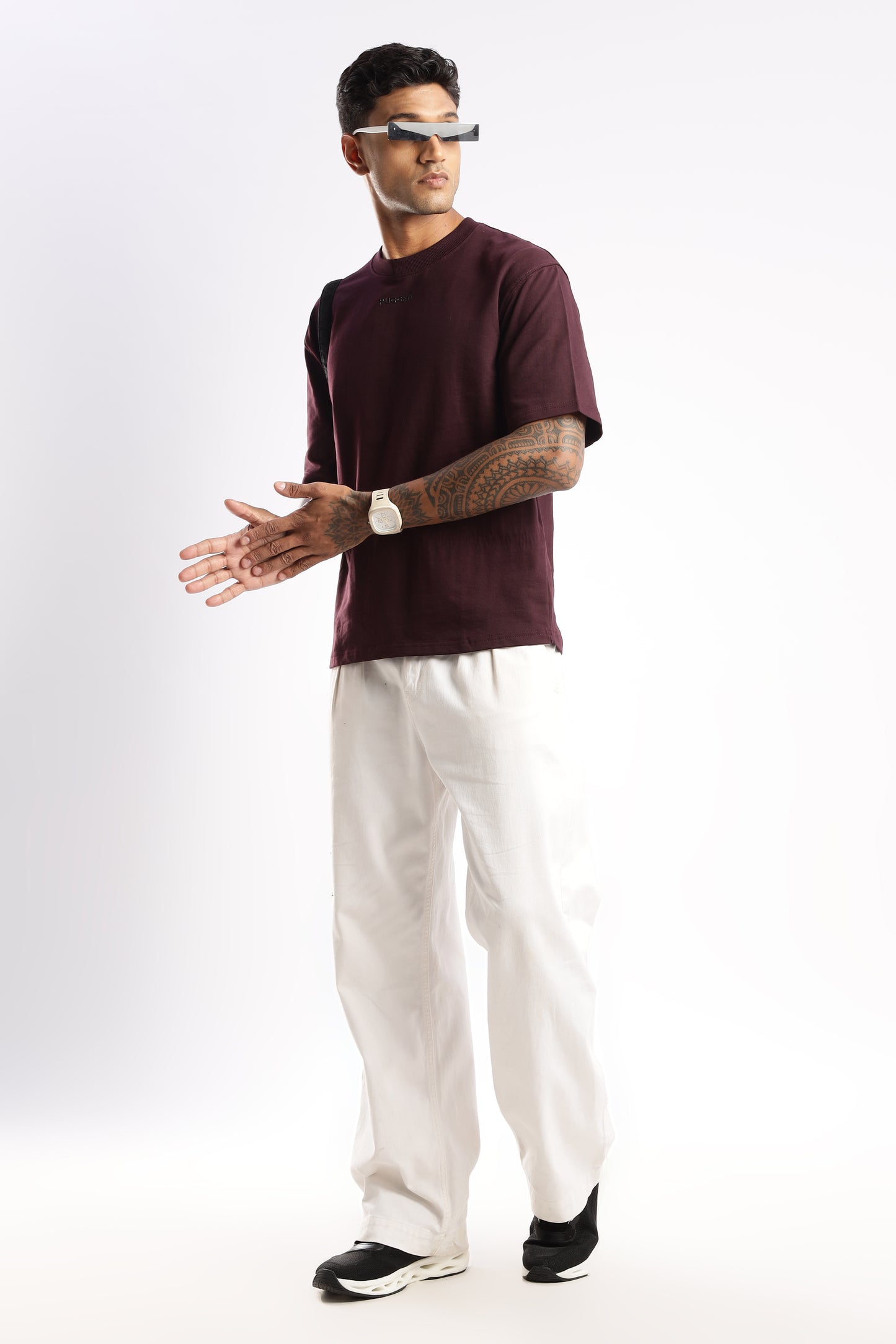 Model styled in Crimson Peak t-shirt for a smart-casual layered outfit