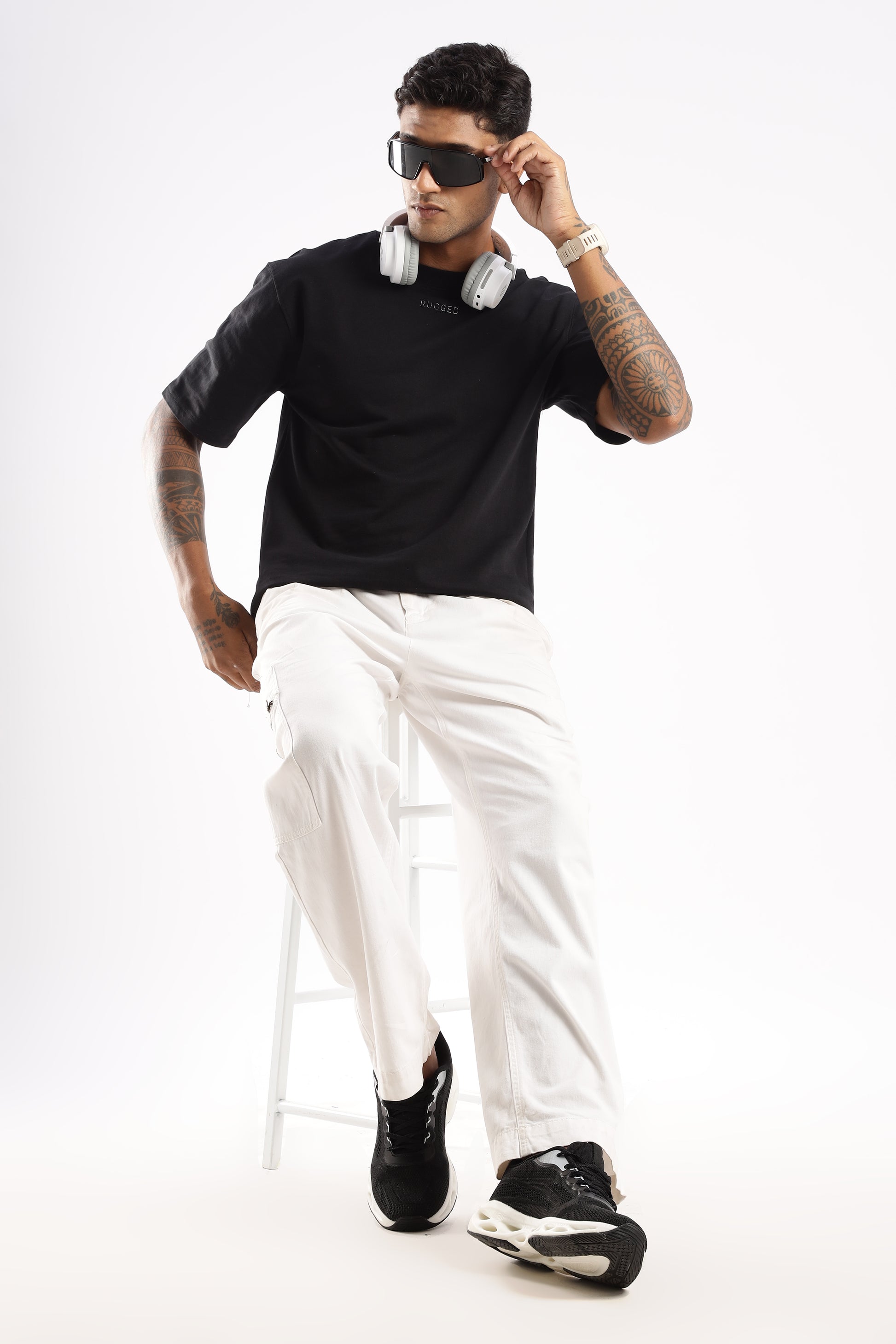 Back view of Elegant Crew Tee in Onyx Depth showcasing premium cotton fabric and fit