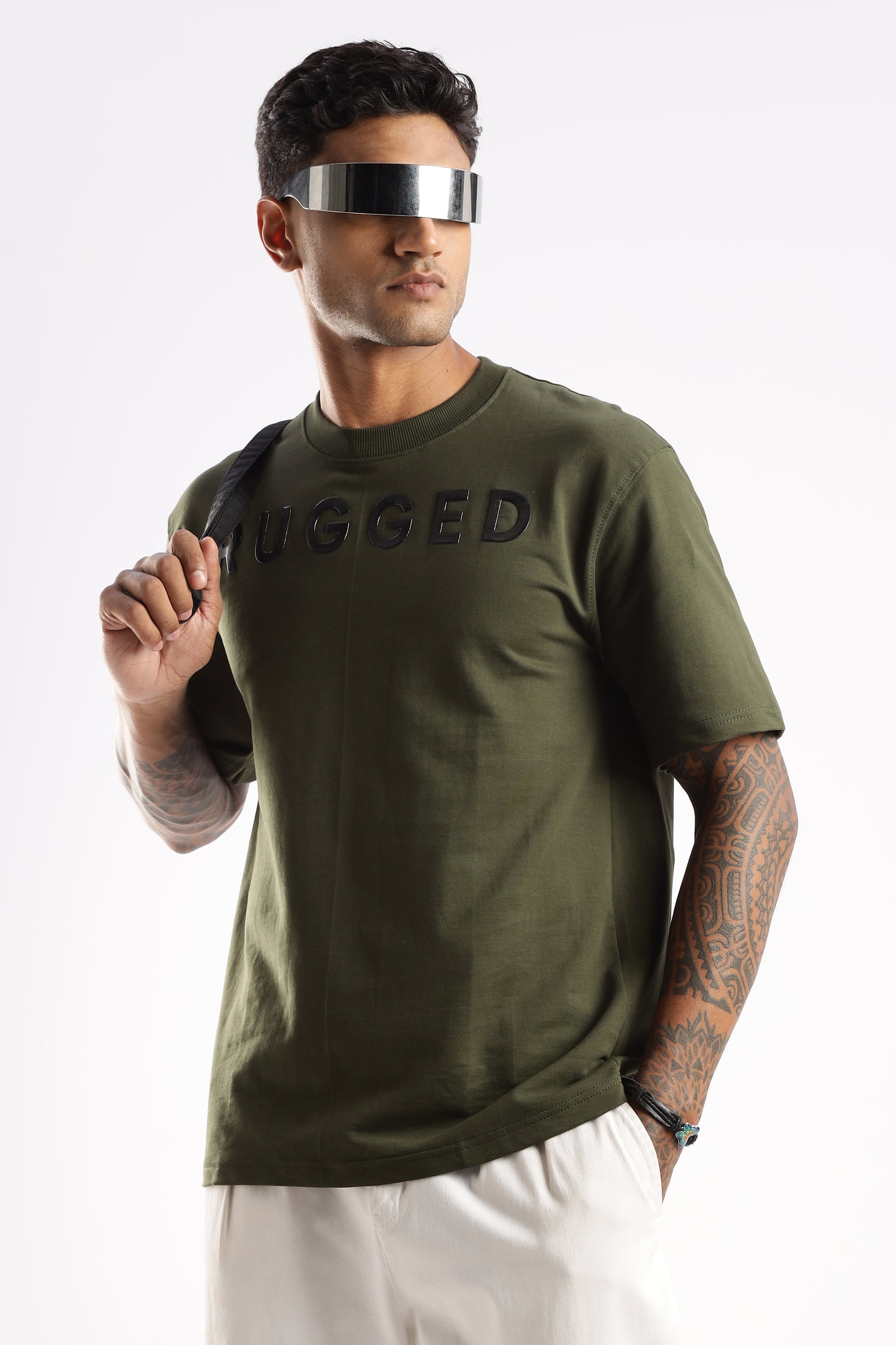 Flat lay of Evergreen Mist crew neck t-shirt highlighting neckline and durable fabric


