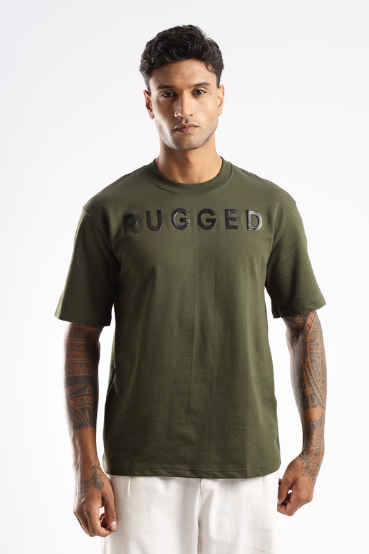 Model wearing Signature Crew Neck T-shirt in Evergreen Mist with bold chest print

