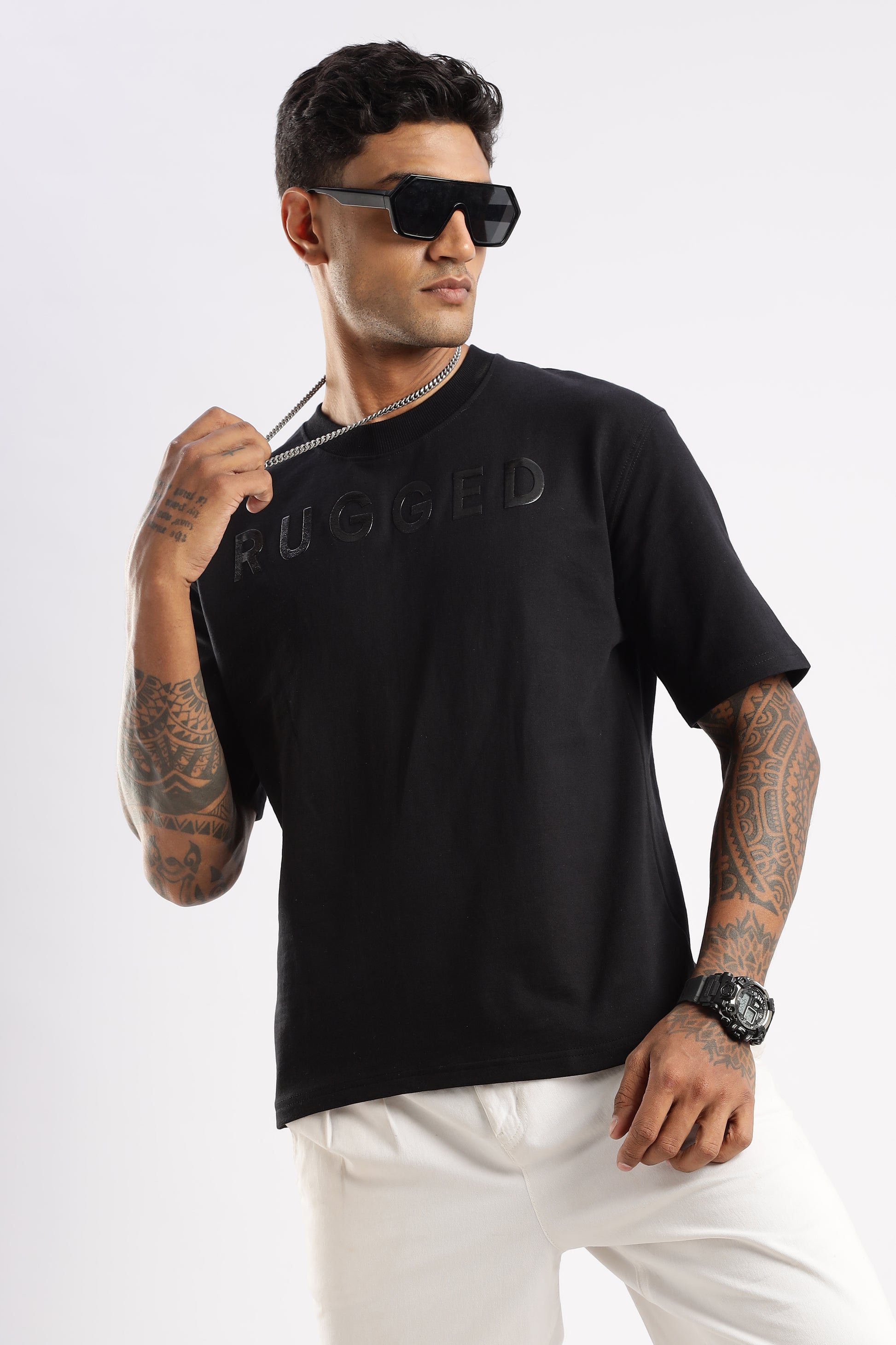 Signature Crew Neck T-shirt in Onyx Depth flat lay showcasing neckline and fabric weight