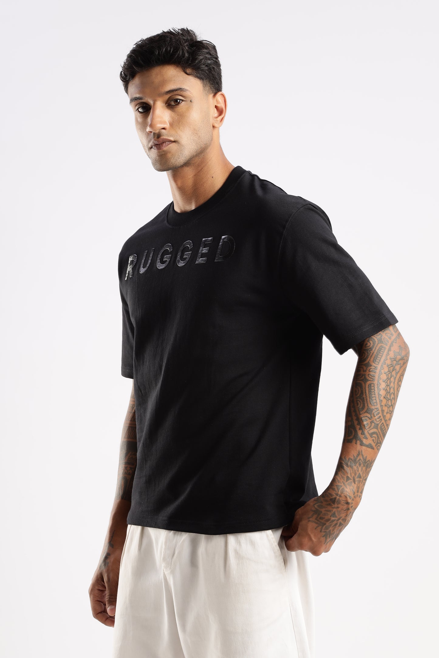 Back view of black Onyx Depth t-shirt highlighting fit and craftsmanship details