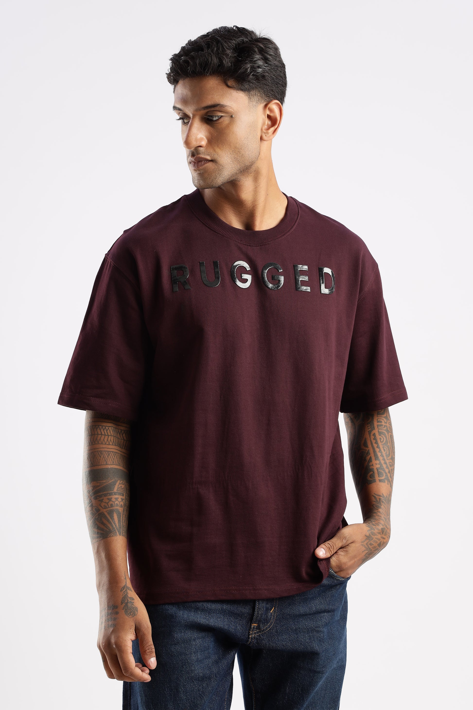 Model wearing Signature Crew Neck T-shirt in Crimson Peak with bold chest print