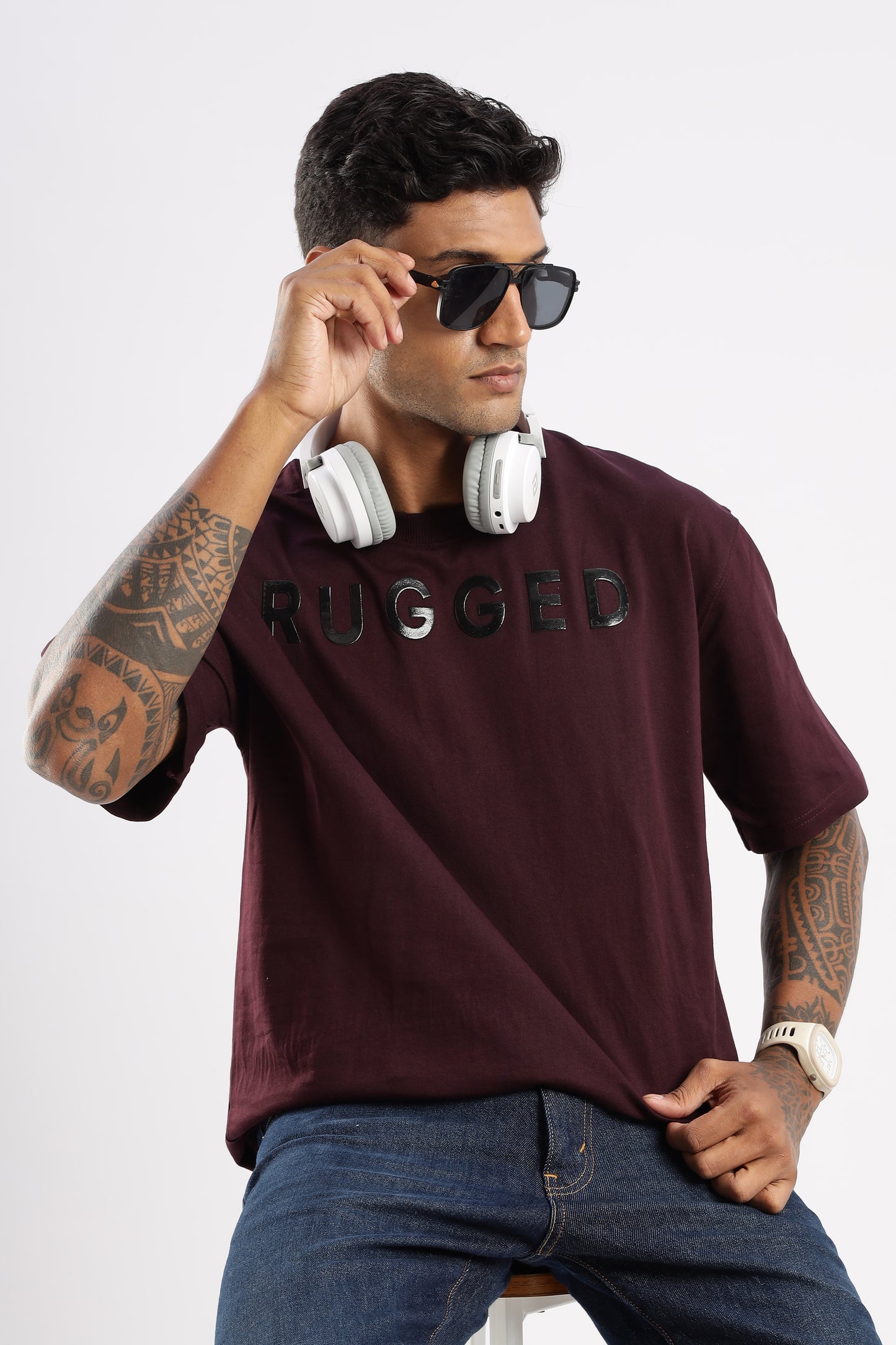 View of RUGGED’s Signature Tee in Crimson Peak emphasizing fabric weight and fit