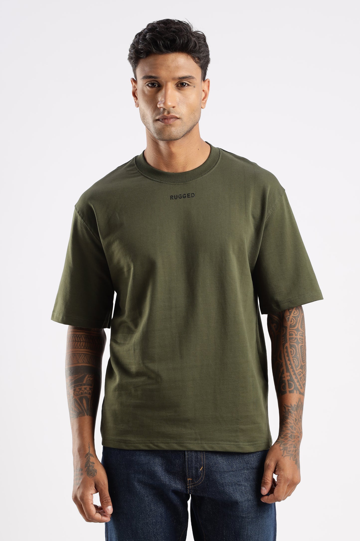 Model wearing Elegant Crew Tee in Evergreen Mist with classic crew neck and tailored fit