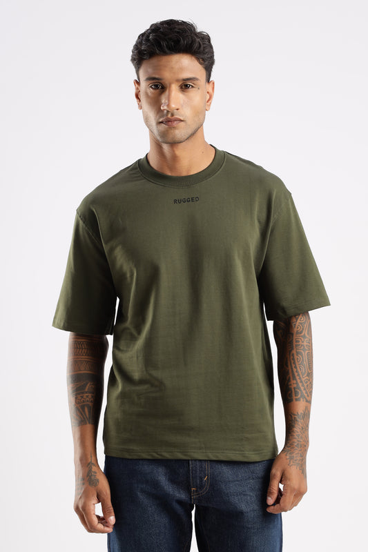 Model wearing Elegant Crew Tee in Evergreen Mist with classic crew neck and tailored fit