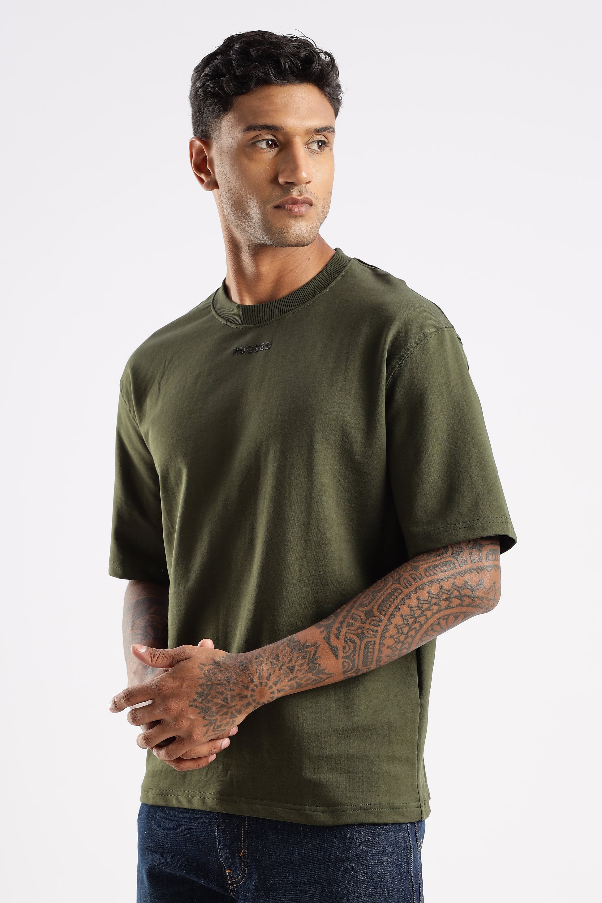 RUGGED Elegant Crew Tee in Evergreen Mist styled for casual and smart-casual looks
