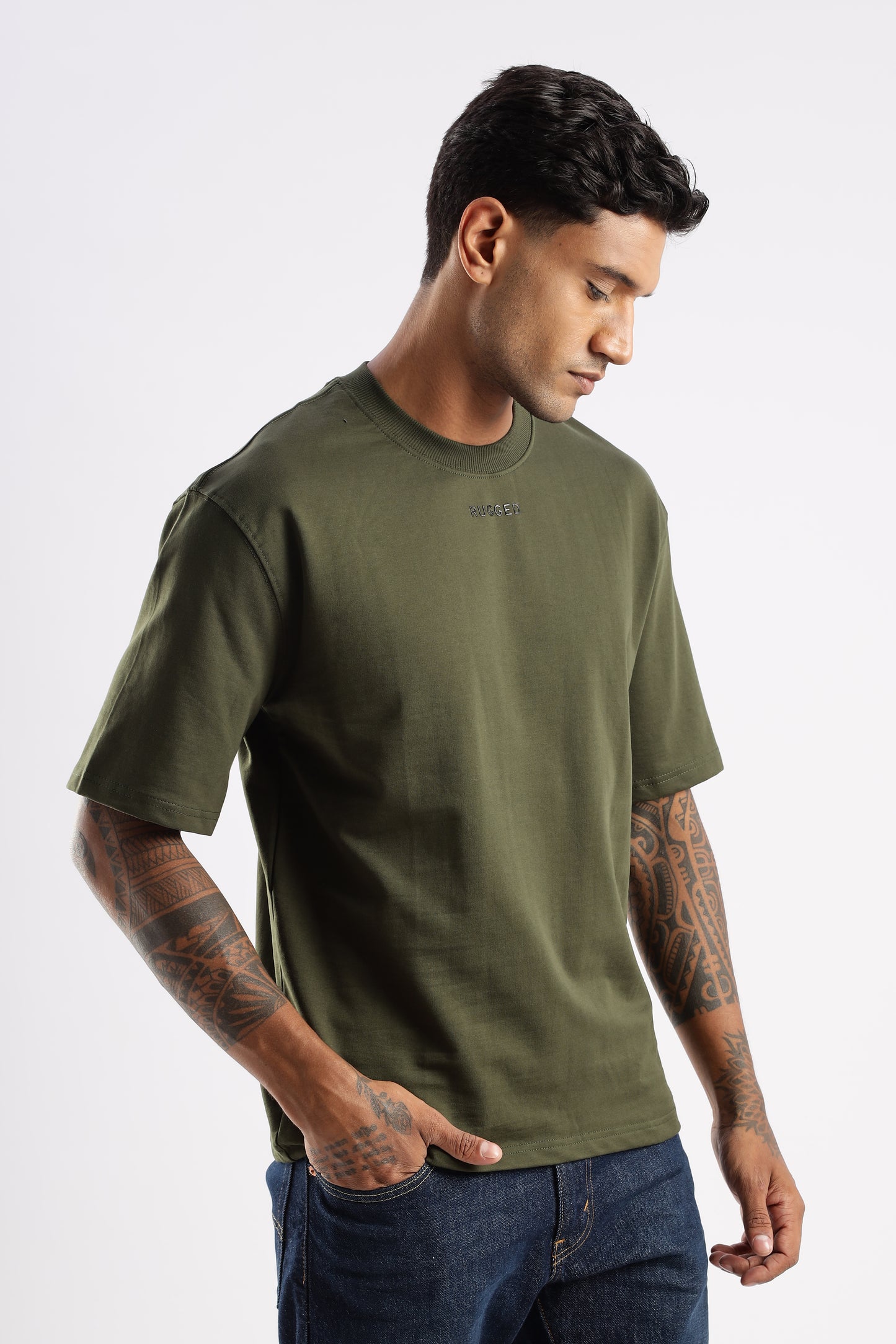 Close-up of Evergreen Mist t-shirt showing ultra-soft fabric and durable stitching
