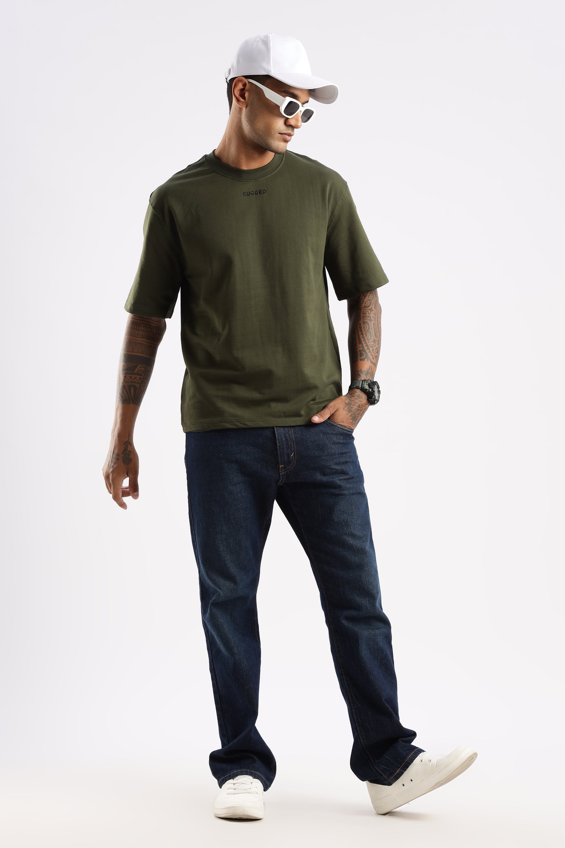 Flat lay of Elegant Crew Tee in Evergreen Mist with visible neckline and label details