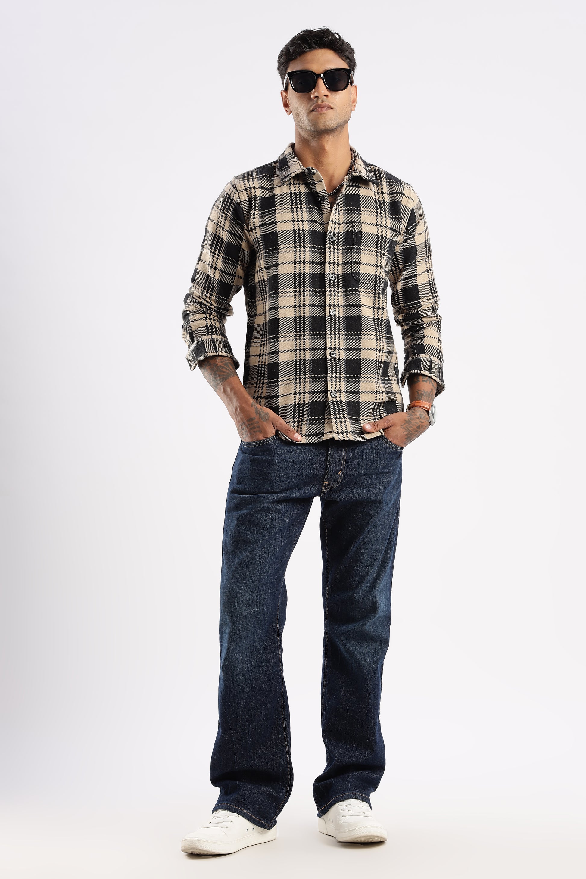 Casual outfit with Desert Dune flannel shirt worn over a crew neck tee


