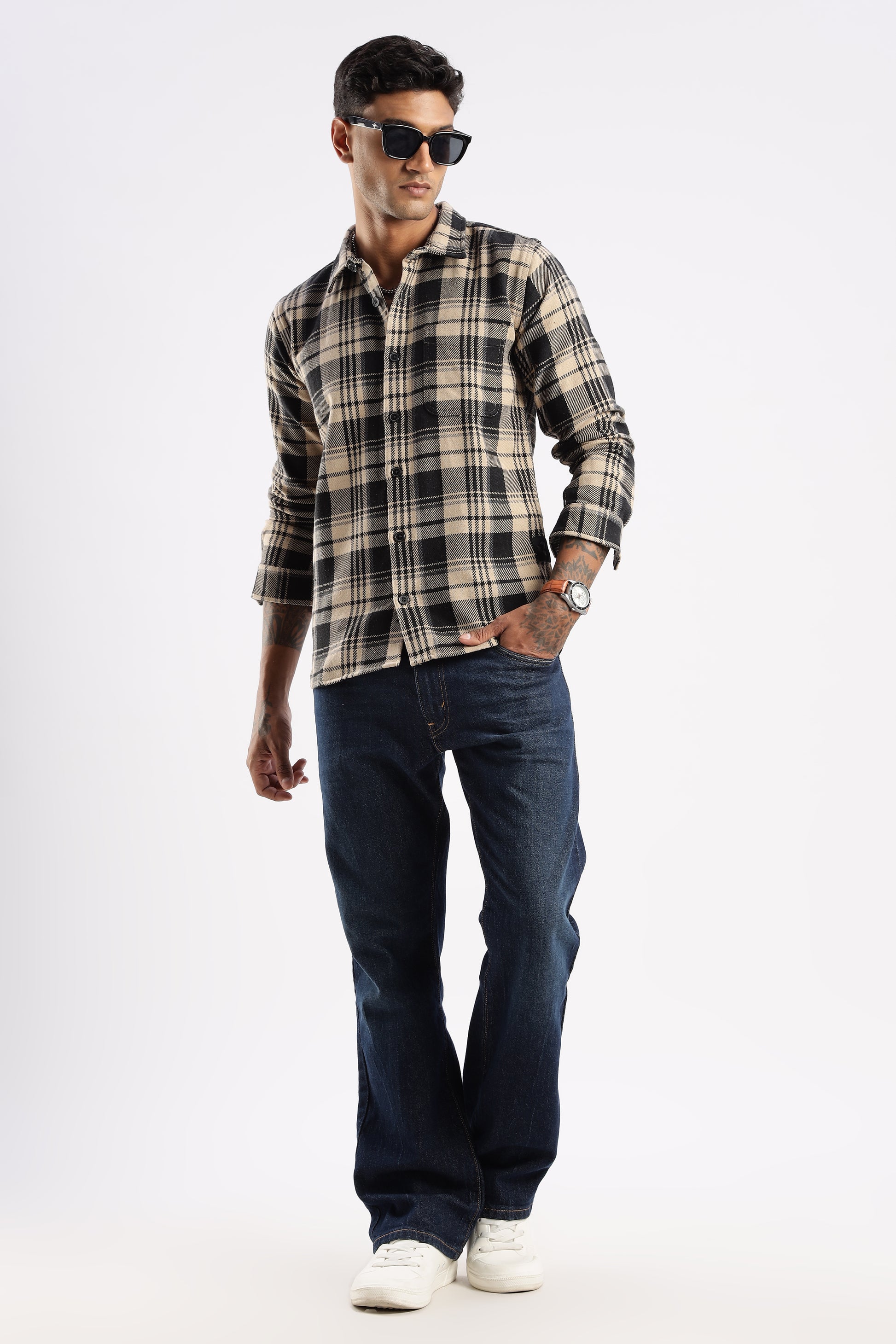 Flat lay of Desert Dune flannel shirt highlighting weave, buttons, and collar design