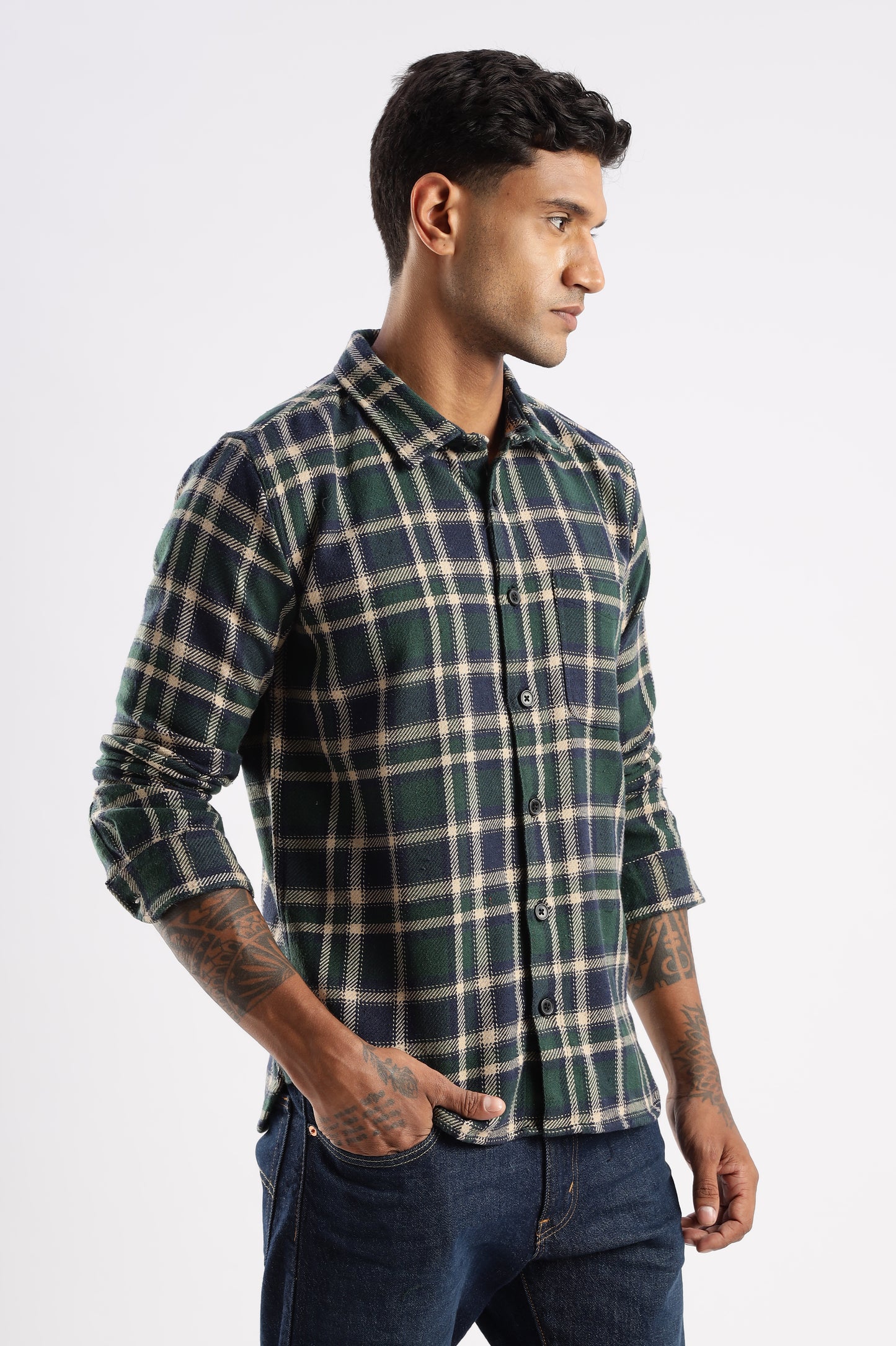 RUGGED Explorer Flannel Shirt in Forest Canopy styled for layering and outdoor use
