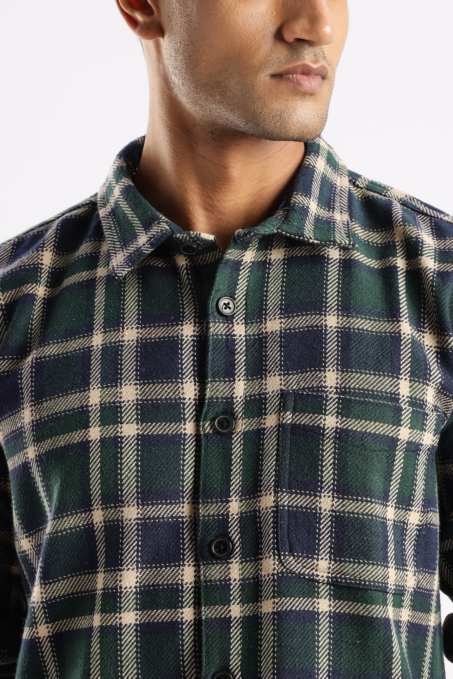 Close-up of Forest Canopy flannel fabric showing soft texture and classic check design