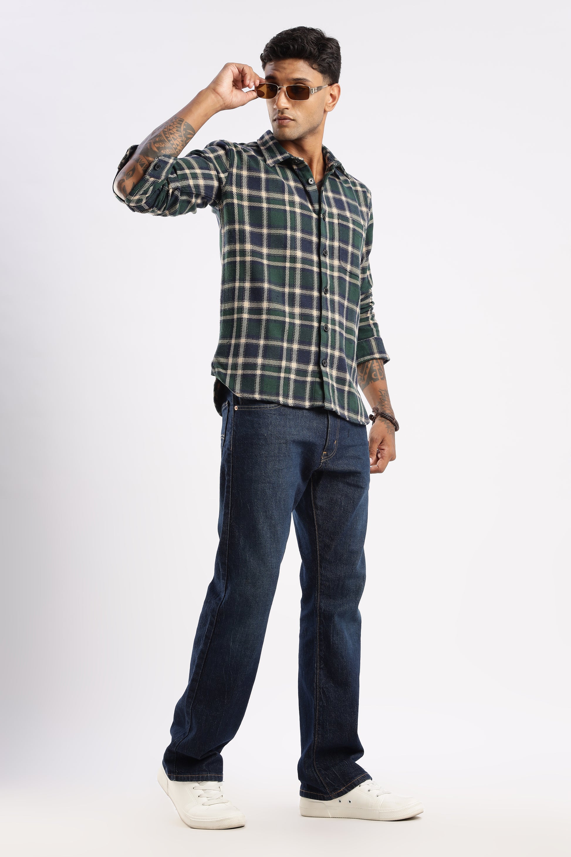 Casual look with Forest Canopy flannel shirt worn over a crew neck tee

