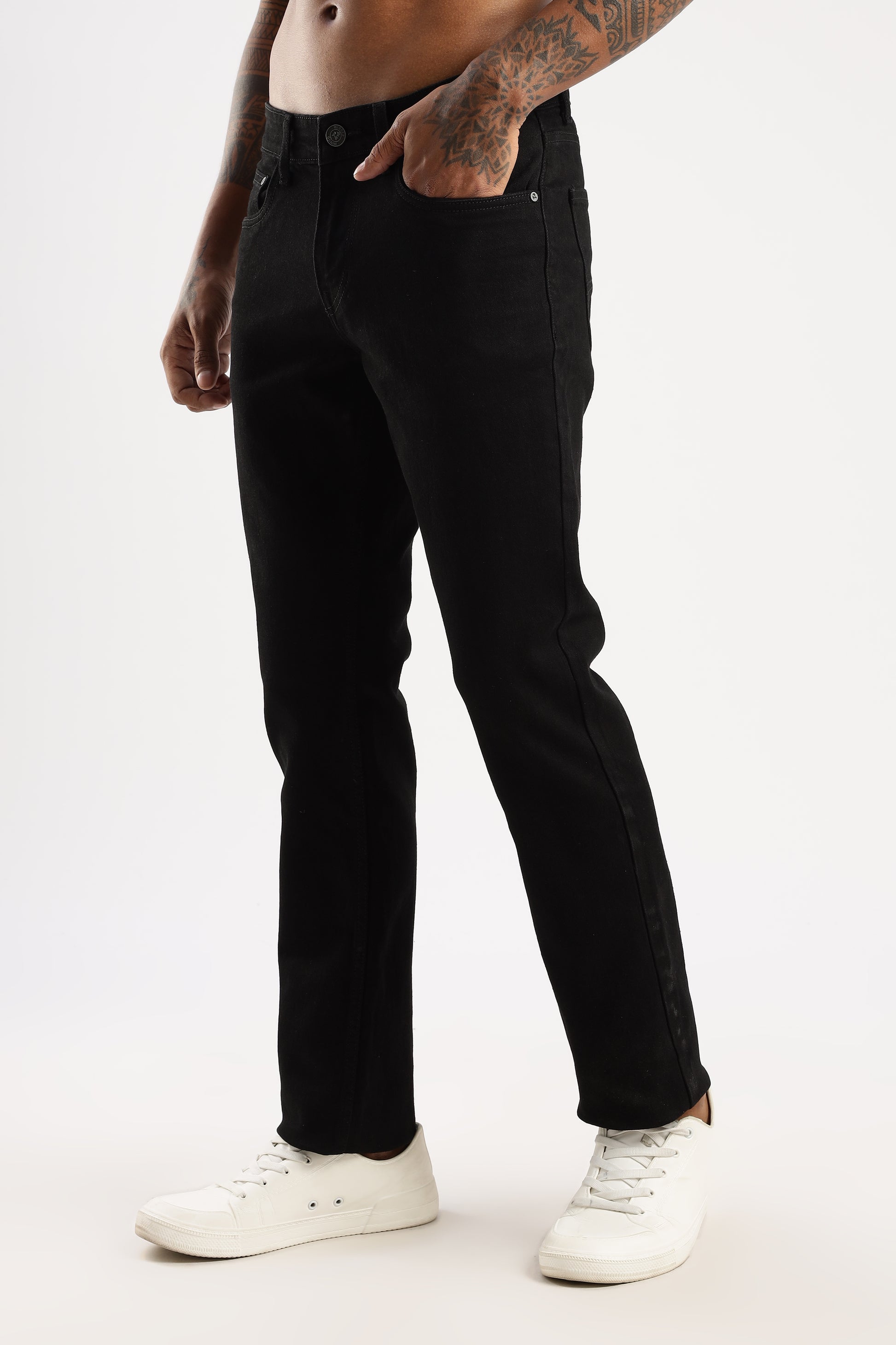 Model posing in Sleek Straight Fit Jeans Steel Wave with structured straight leg style