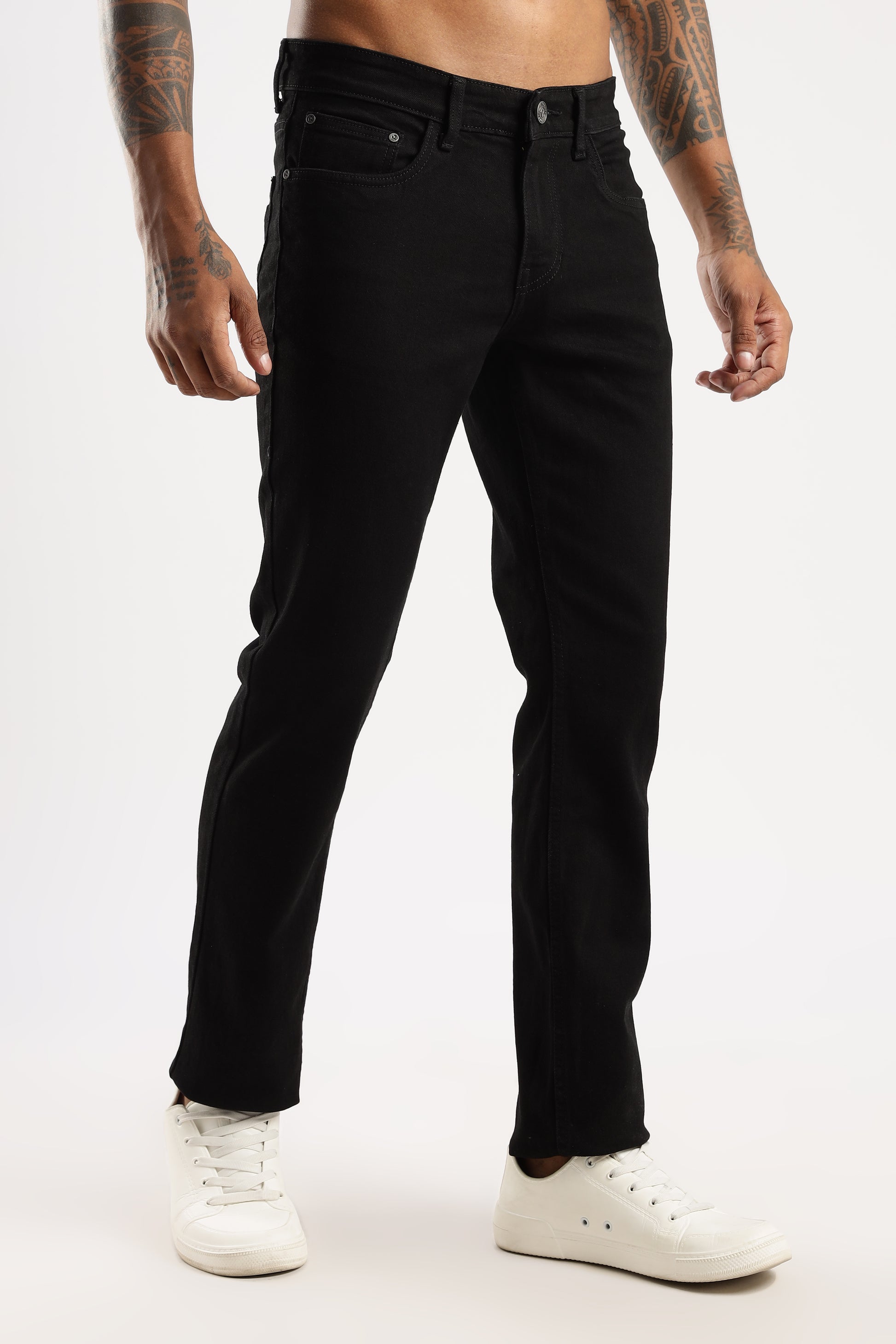 Front view of model wearing Steel Wave Sleek Straight Fit Jeans with classic leg cut