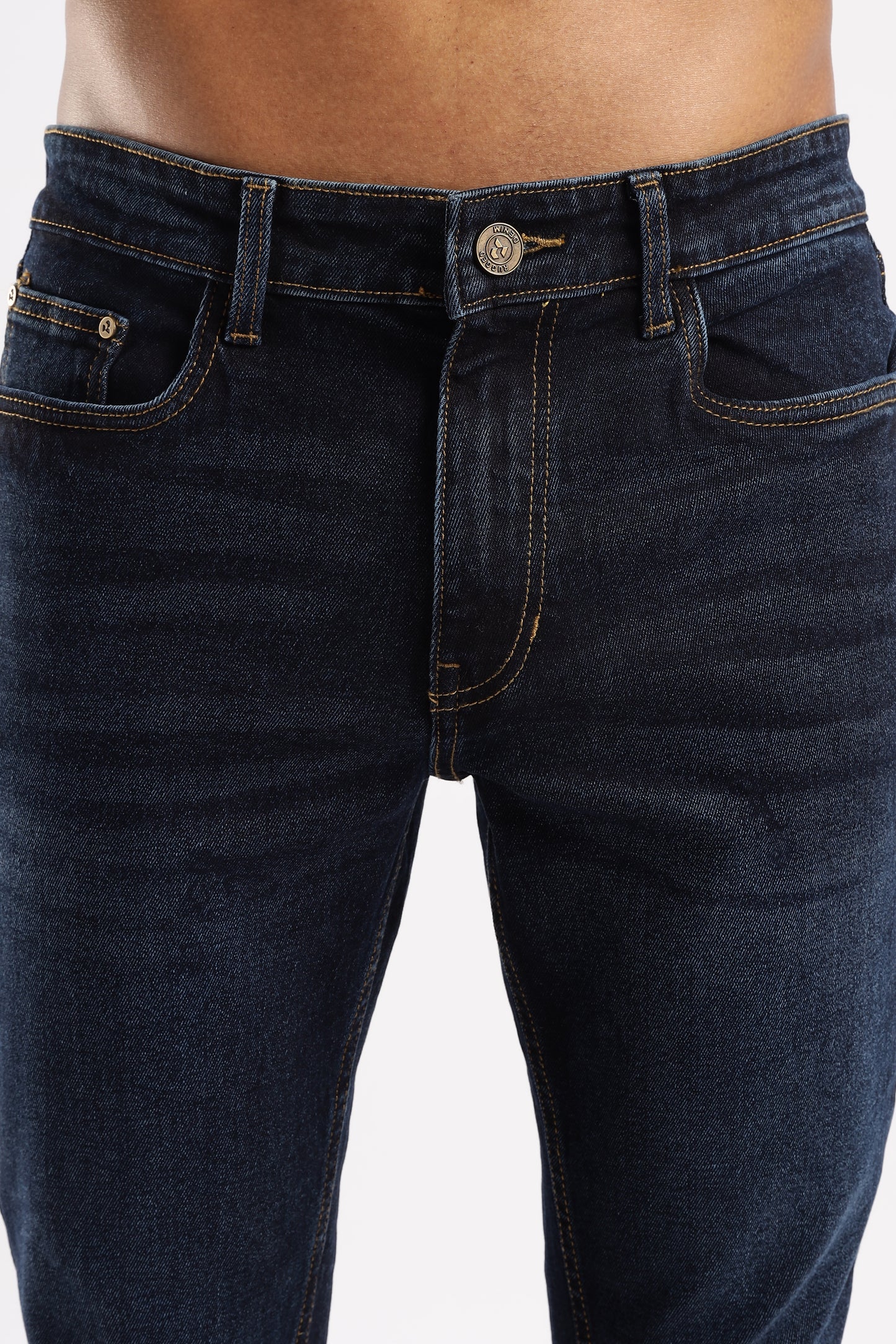 Men’s straight leg denim in Steel Wave featuring durable twill weave and precise tailoring