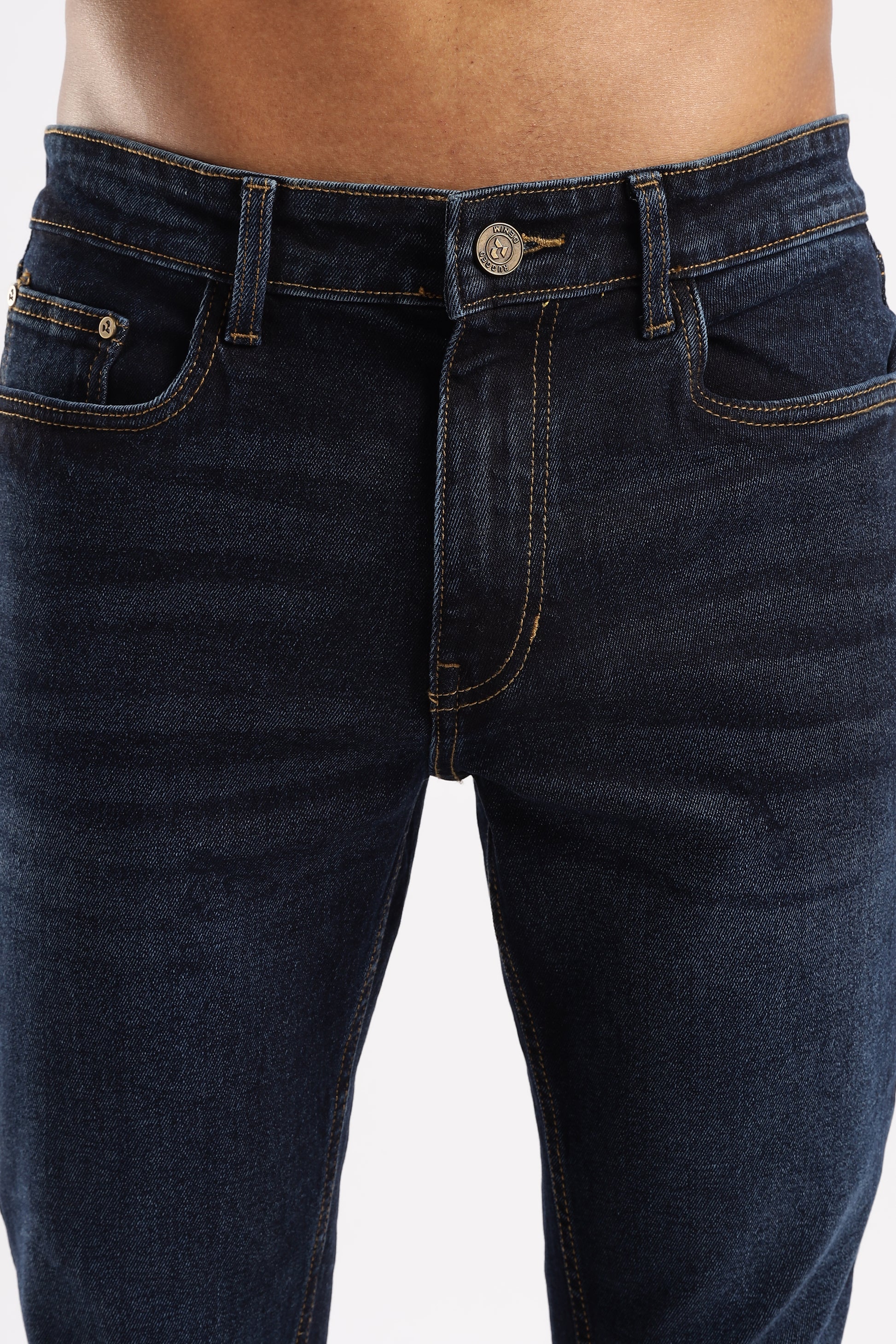 Men’s straight leg denim in Steel Wave featuring durable twill weave and precise tailoring