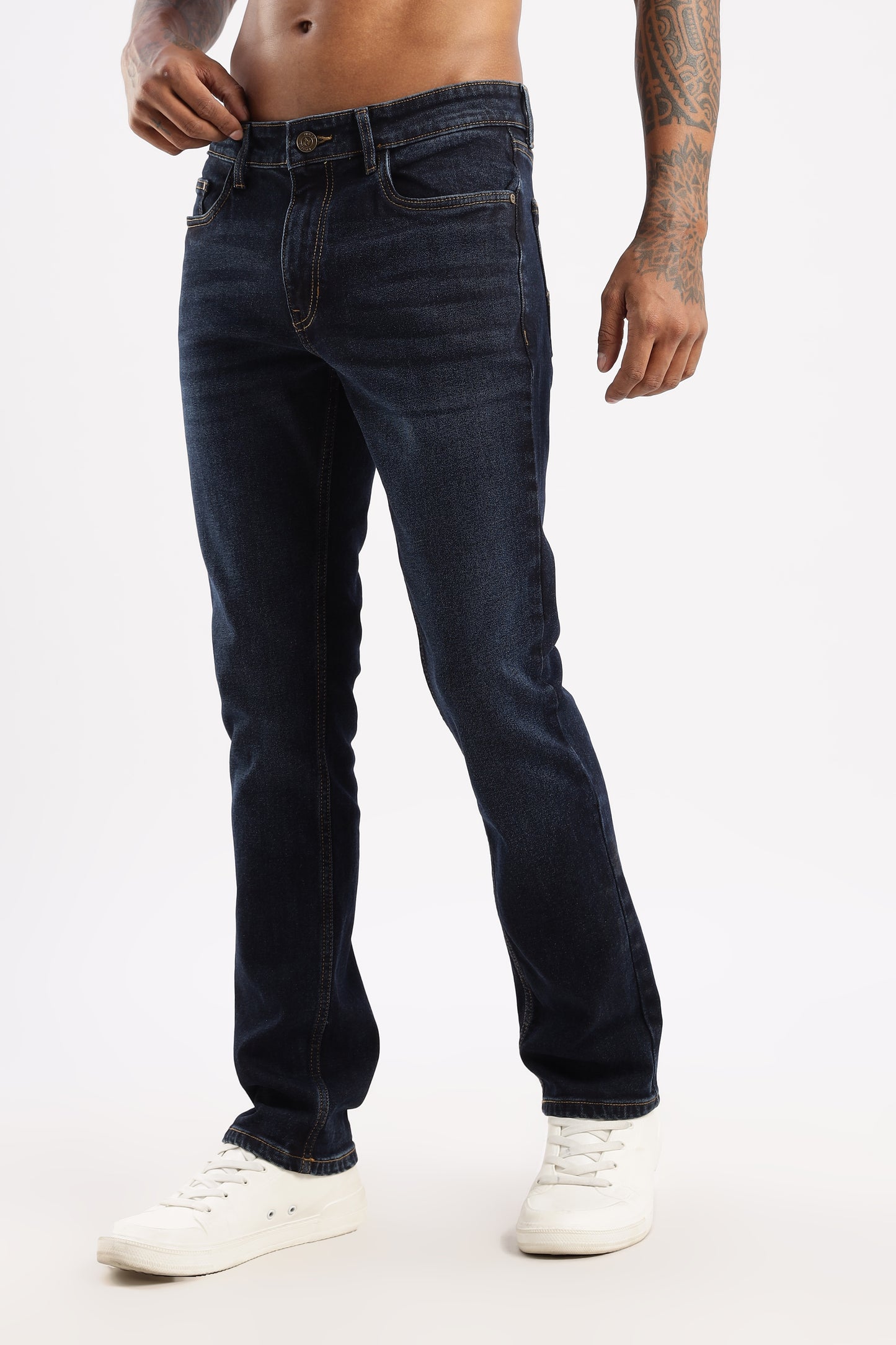 Men’s straight leg denim in Steel Wave featuring durable twill weave and precise tailoring